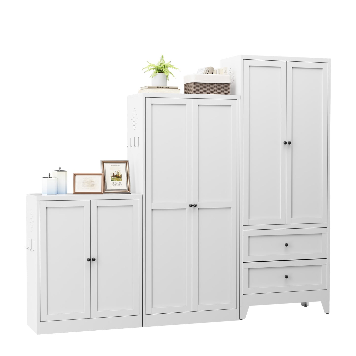 VIYET 35"H White Metal Pantry Cabinet,2 Adjustable Shelves+Side Hooks/Vents,Anti-Tip Freestanding for Kitchen/Dining/Apartment