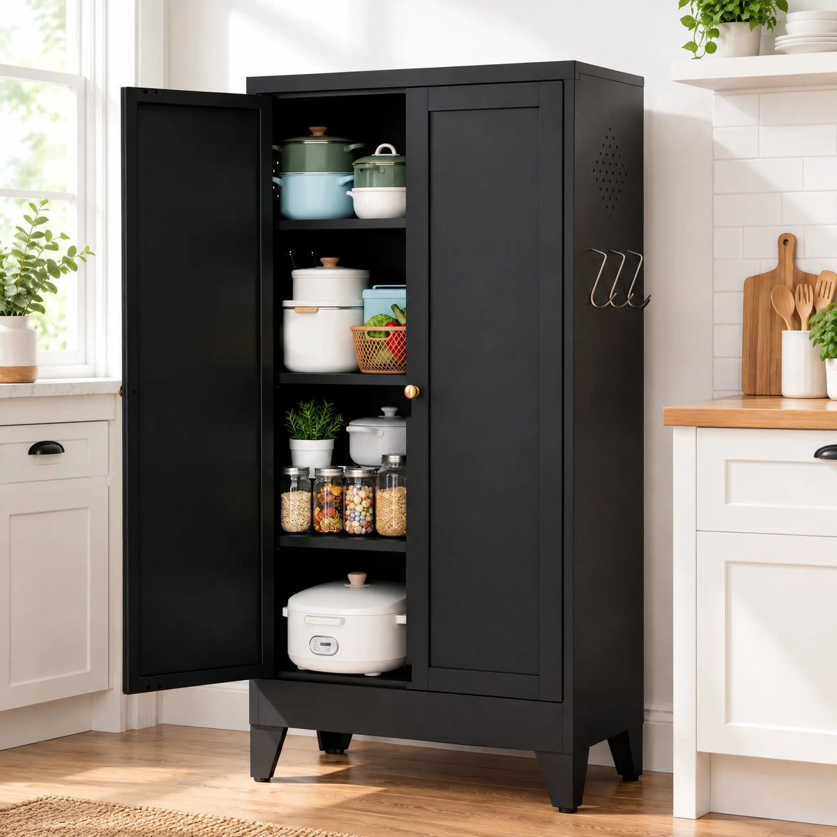 VIYET 47" Metal Pantry Cabinet, Freestanding Kitchen Storage Cabinet with 3 Adjustable Shelves, Slim Organizer for Pantry & Living Room