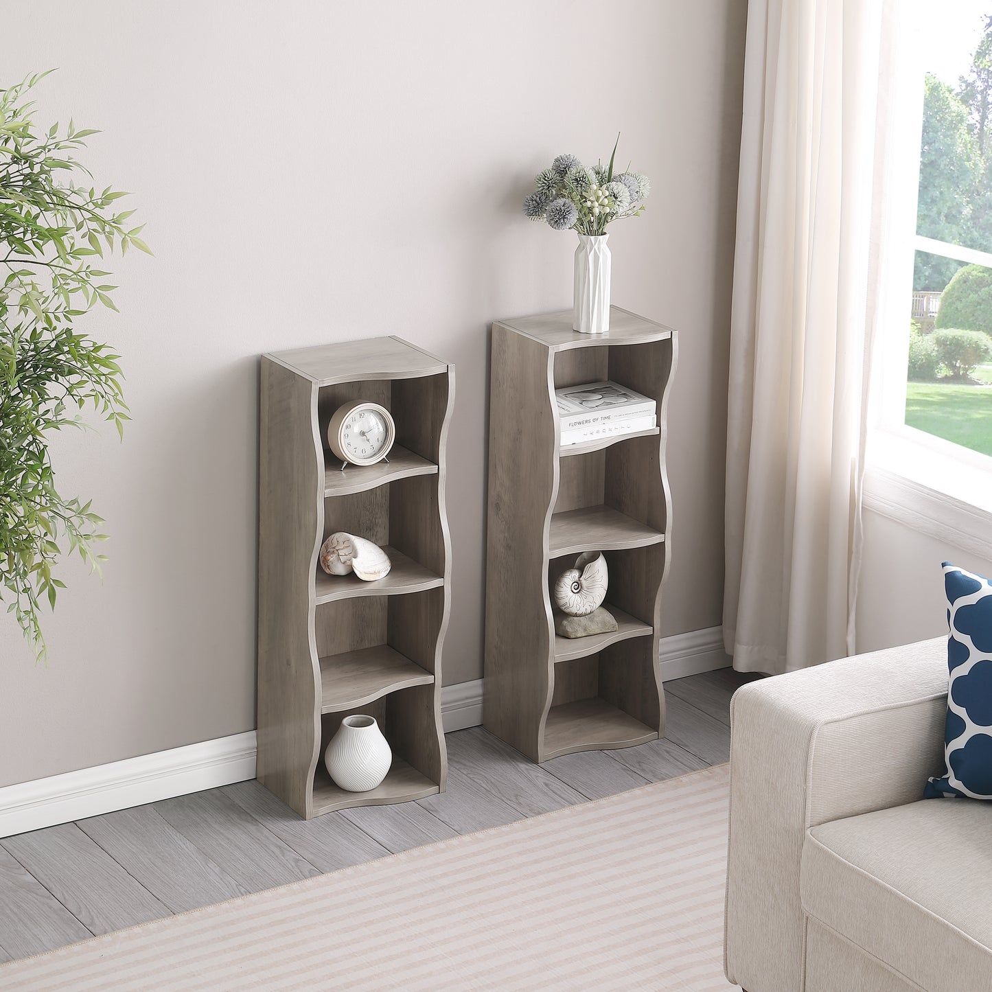VIYET 71" 8-Tier Ultra-Thin Adjustable Bookshelf, Gray MDF Display Rack w/ Wavy Border (Detachable Home Office Organizer)