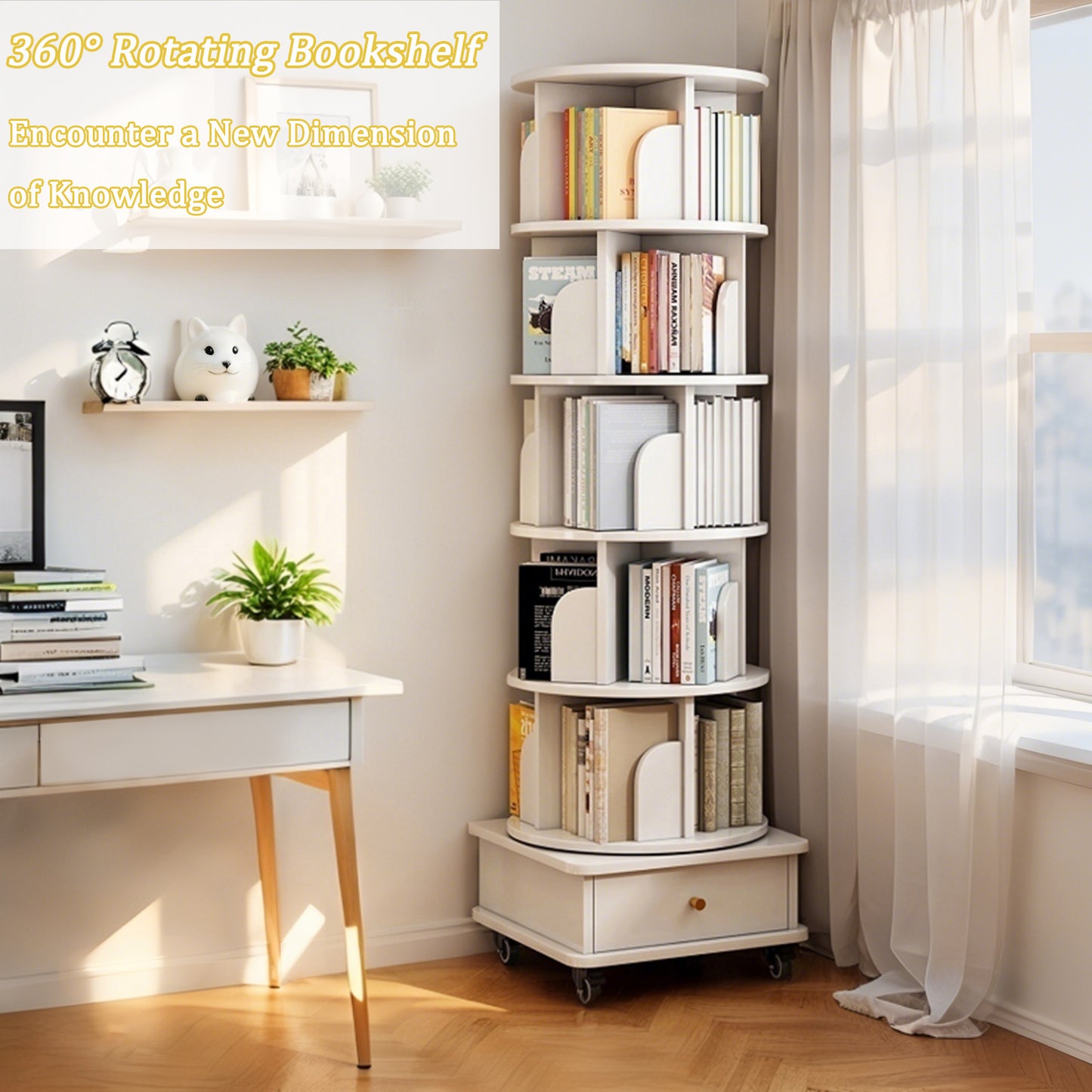 VIYET 68" 6-Tier 360° Rotating Bookshelf, WhiteColor MDF Tower w/ Wheels& Drawer (Space-Saving Storage for Home/Office)