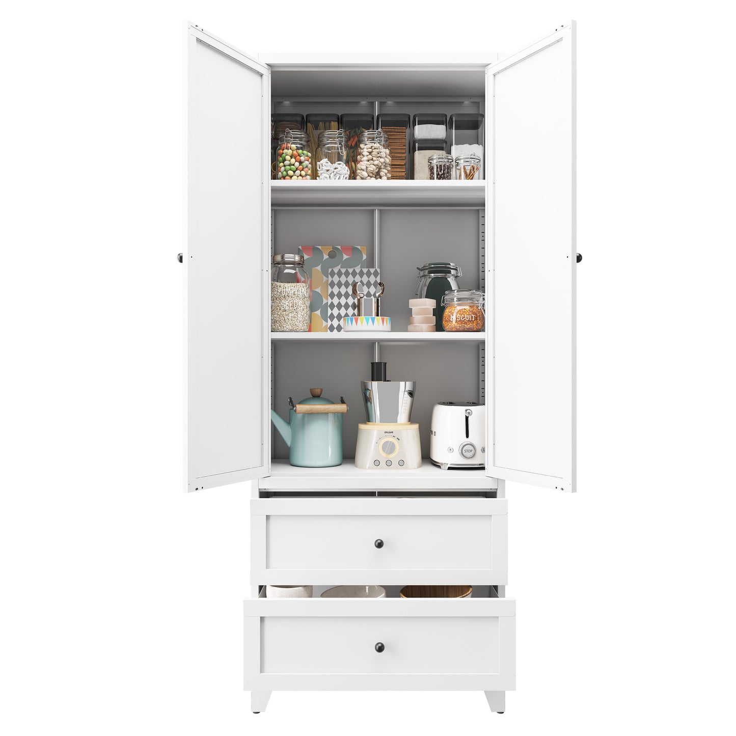 VIYET 72"H Heavy-Duty Steel Pantry Cabinet,2 Drawers+2 Adjustable Shelves,60LBS/Level Freestanding for Kitchen/Pantry/Dining Room (White)