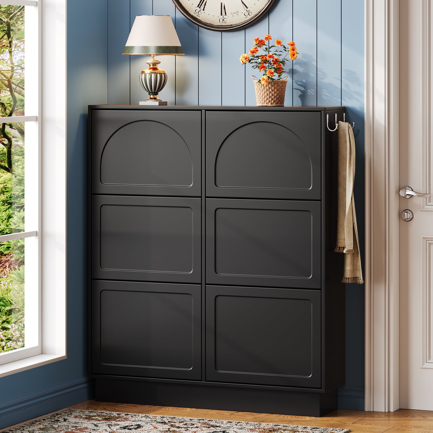 VIYET 49" 6-Flip-Drawer Narrow Shoe Cabinet, Black MDF Cream-Style Organizer w/ Adjustable Shelves & 3 Silver Hooks