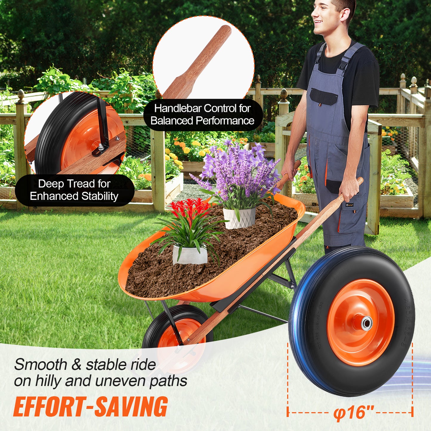 VIYET Wheelbarrow Cart 5 Cu. Ft. 265 Lbs Capacity, Heavy-Duty Garden Dump Cart with Metal Handle & 16" Wide Track Solid Foam Wheel, Utility Yard Cart for Lawn Farm Garden