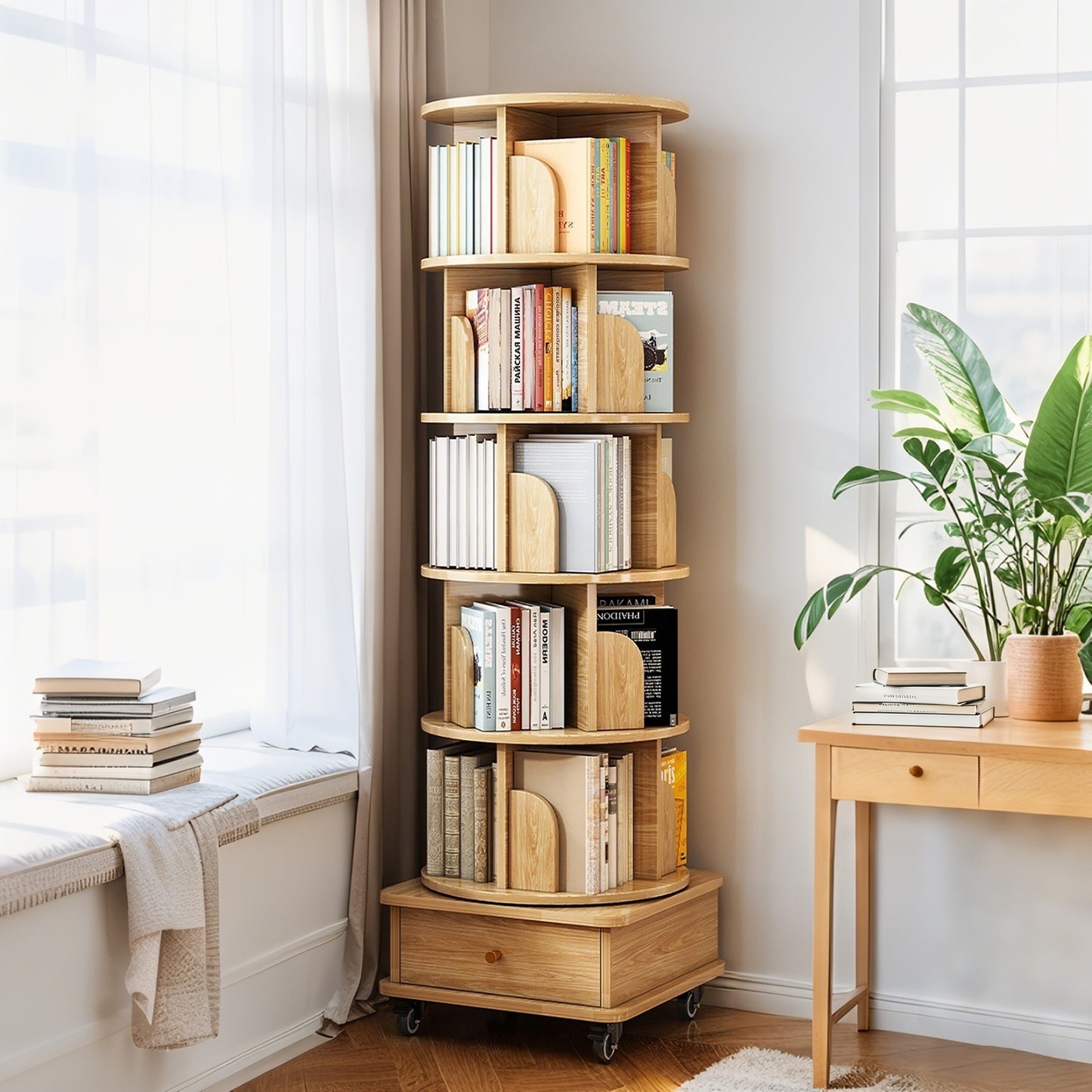 VIYET 68" 6-Tier 360° Rotating Bookshelf, Wood Color MDF Tower w/ Wheels & Drawer (Space-Saving Storage for Home/Office)
