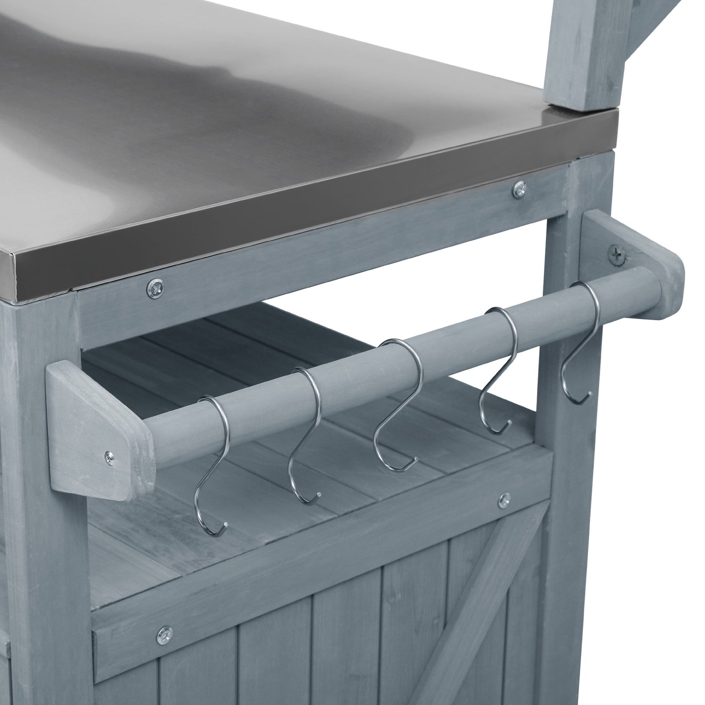 VIYET 43" K&K Outdoor Kitchen Island, Grey-Blue Solid Wood Grill Cart w/ Stainless Steel Top (Raised Shelf+Adjustable Storage Rack)