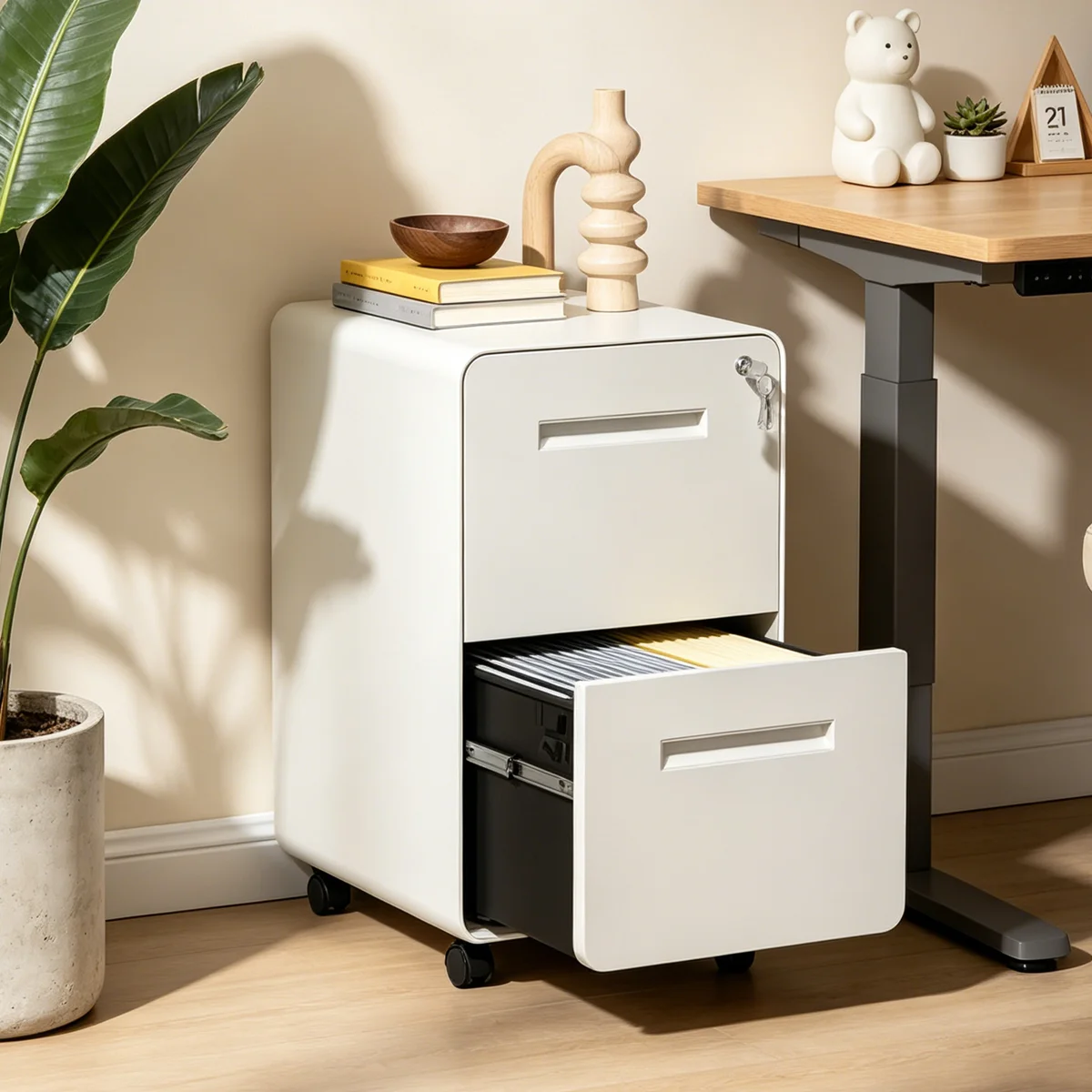 VIYET 2 Drawer Mobile File Cabinet, Metal Rolling Filing Cabinet with Lock, Fully Assembled Steel Office Storage Cabinet, White