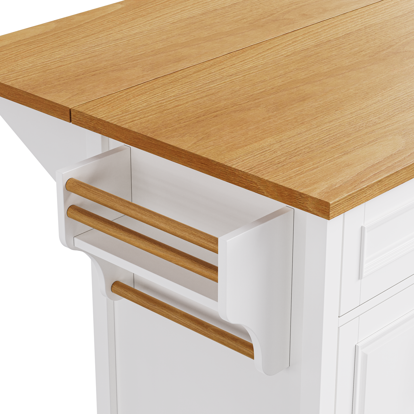 VIYET 36" K&K Kitchen Island with Drop Leaf, White MDF Storage Cart w/ Oak Veneer Top (2 Doors+5 Drawers+Adjustable Shelf)