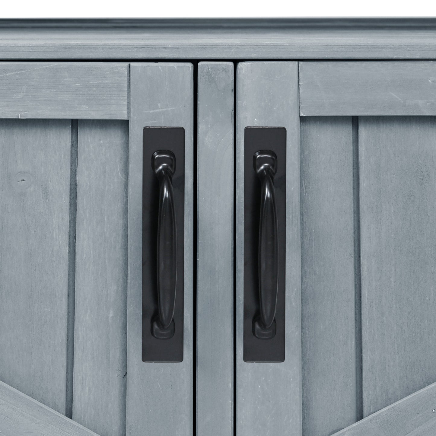 VIYET 43" K&K Outdoor Kitchen Island, Grey-Blue Solid Wood Grill Cart w/ Stainless Steel Top (Raised Shelf+Adjustable Storage Rack)