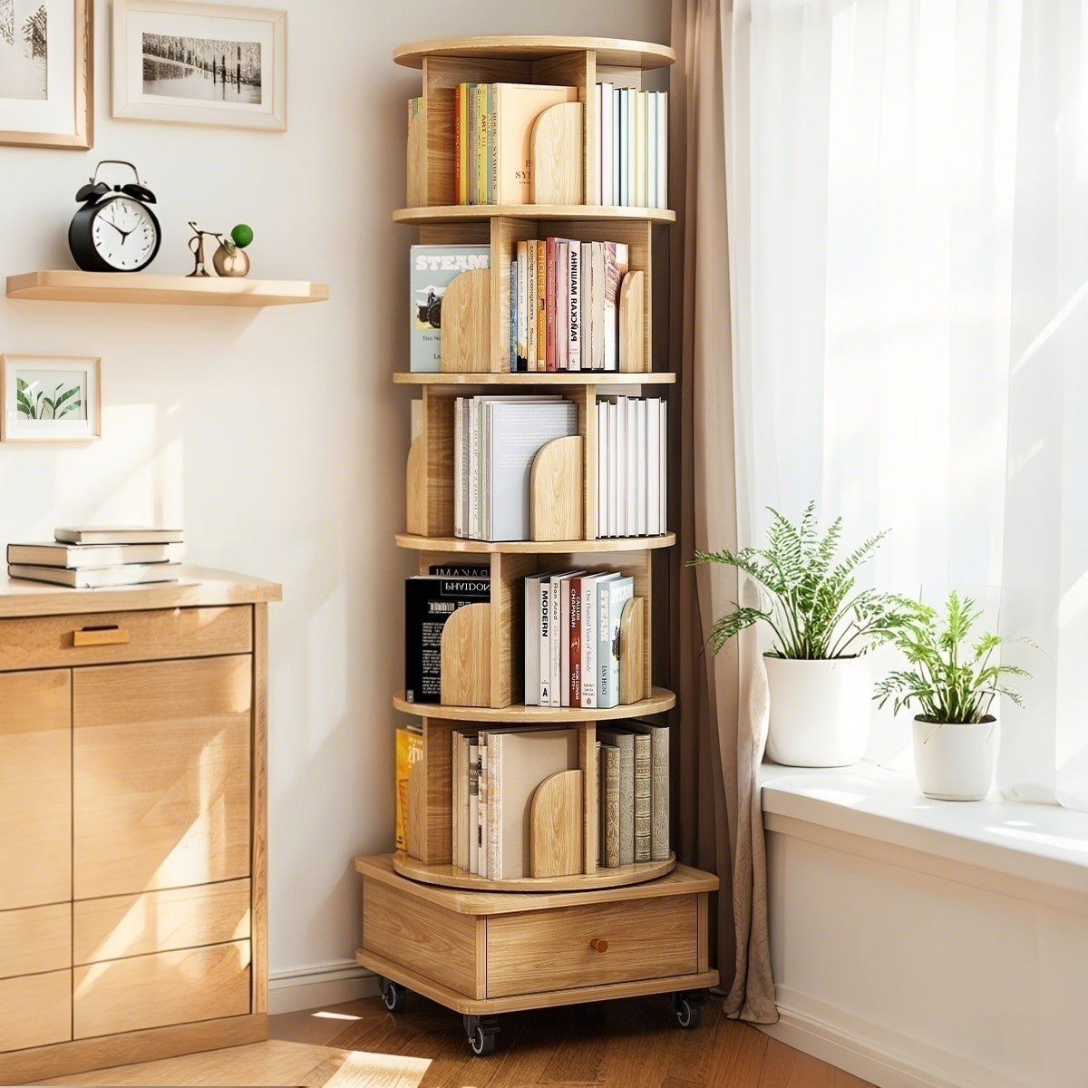 VIYET 68" 6-Tier 360° Rotating Bookshelf, Wood Color MDF Tower w/ Wheels & Drawer (Space-Saving Storage for Home/Office)