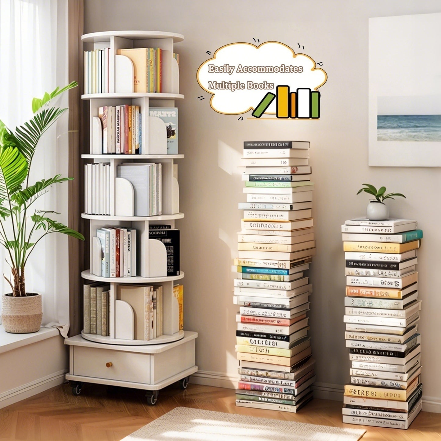 VIYET 68" 6-Tier 360° Rotating Bookshelf, WhiteColor MDF Tower w/ Wheels& Drawer (Space-Saving Storage for Home/Office)
