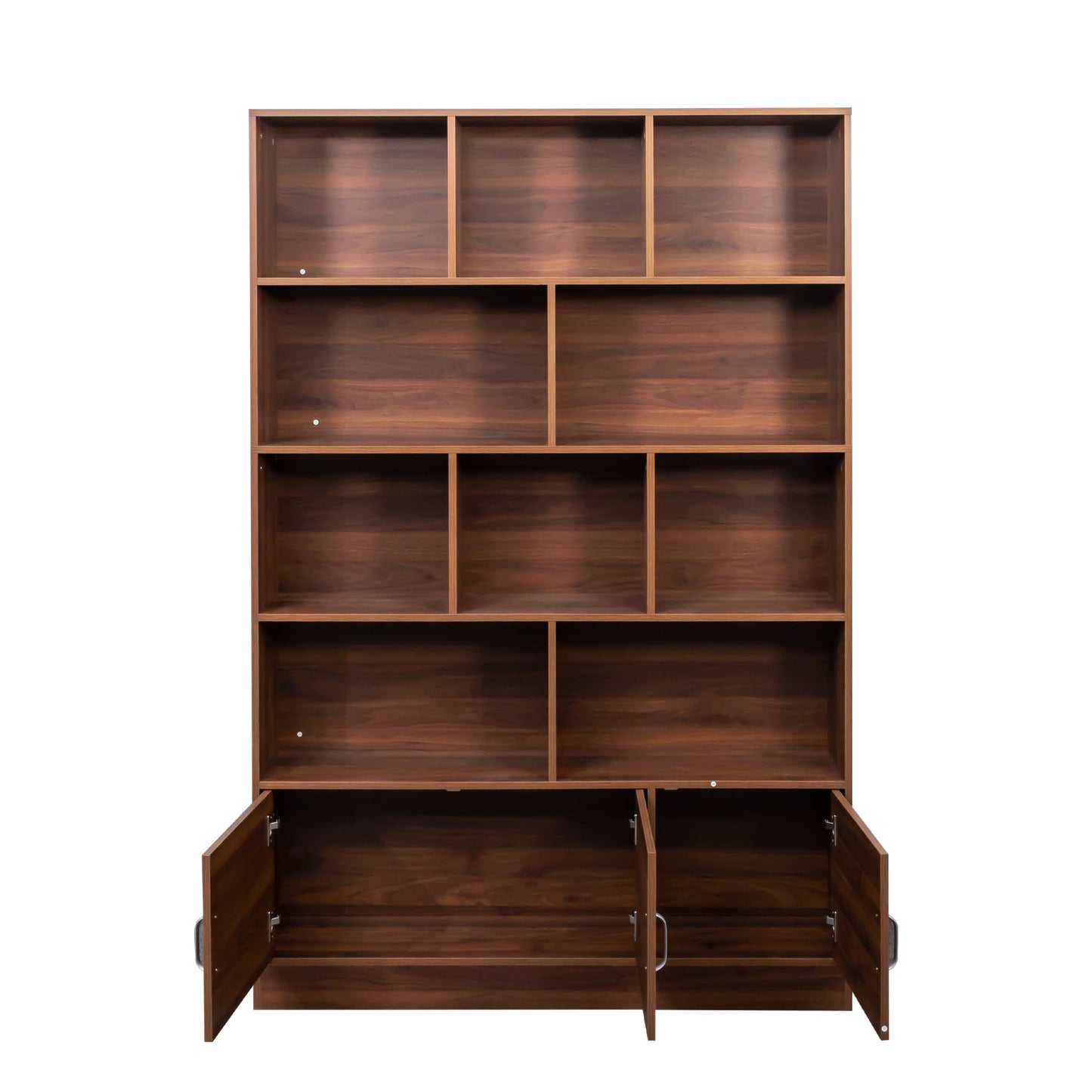 VIYET 71" 4-Tier Cube Bookshelf with 3 Doors, Walnut Particle Board Storage Organizer (10 Cubes Open Shelf Bookcase for Living Room & Office)