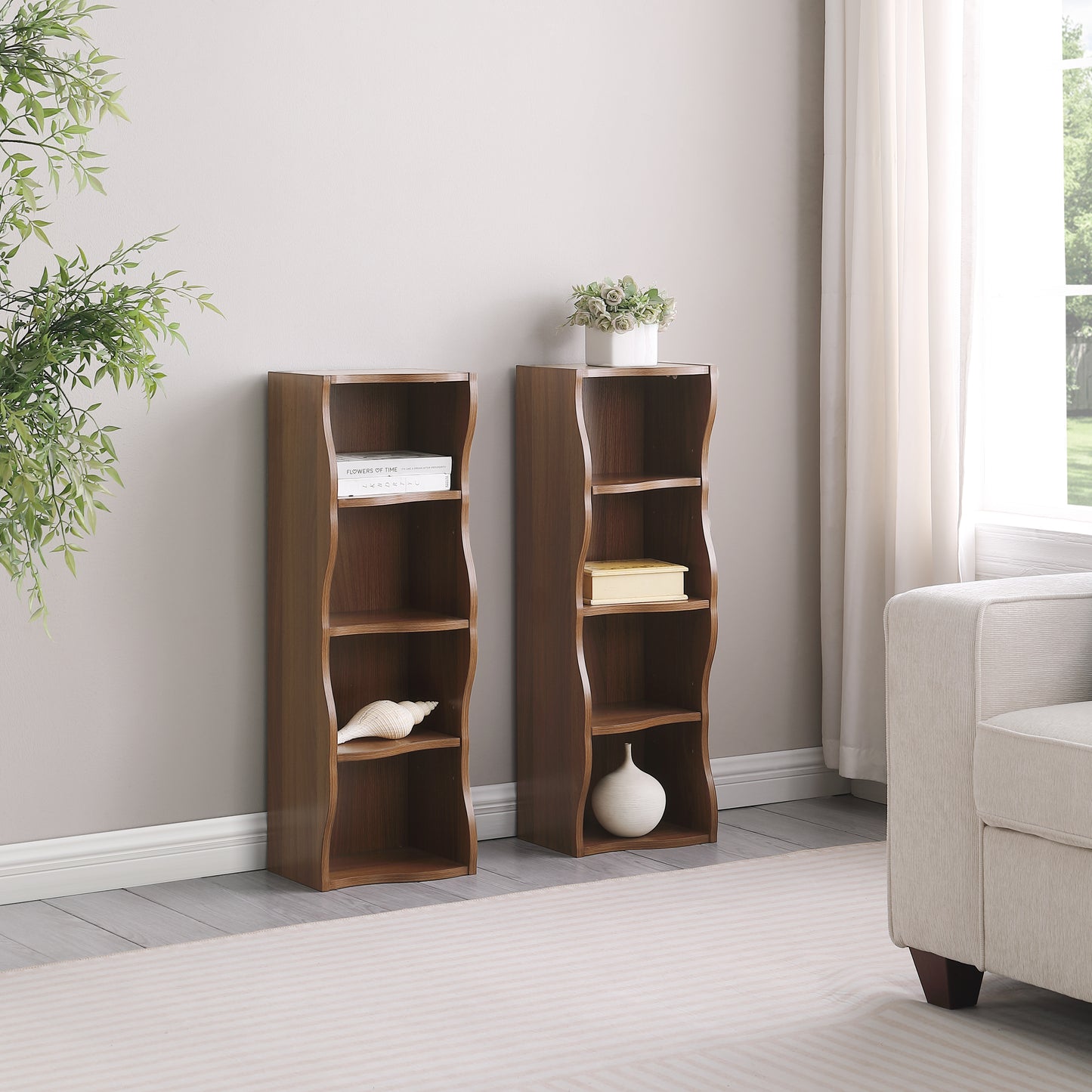 VIYET 71"8-Tier Ultra-Thin Adjustable Bookshelf, Walnut MDF Display Rack w/ Wavy Border (Detachable Home Office Organizer)