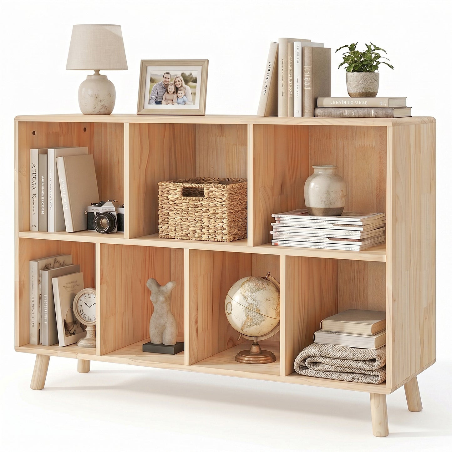 VIYET 7 Cube Pine Wood Bookshelf, 45" Storage Organizer Bookcase for Books, Toys & Decor, Modern Wood Shelf for Bedroom, Nursery & Home Office