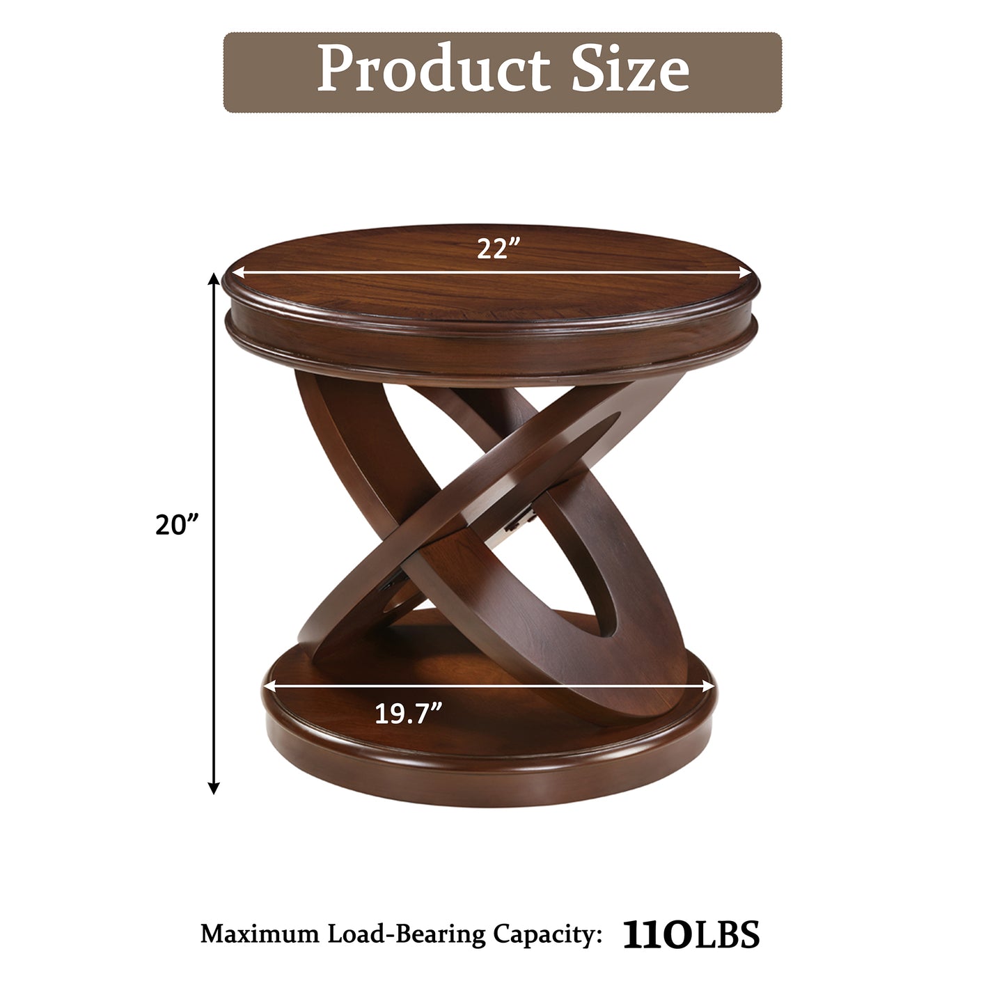 VIYET 20" Retro Round Wooden End Table - X-Shape Base, Solid Wood Veneer, Walnut