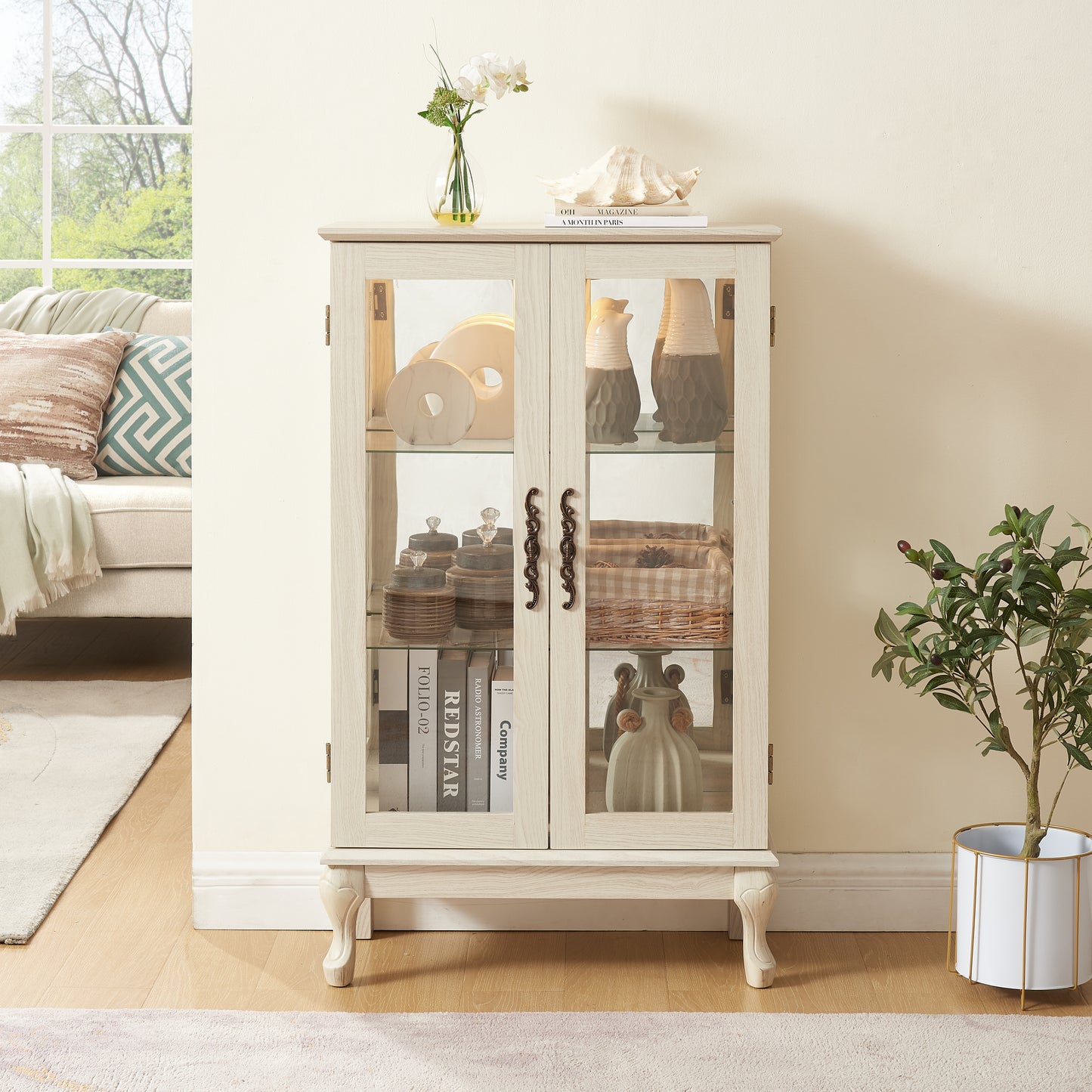 VIYET 44" Lighted Curio Cabinet, White MDF+Glass Display w/ Tempered Glass Doors & Adjustable Shelves (Mirrored Back, Bulb Included)