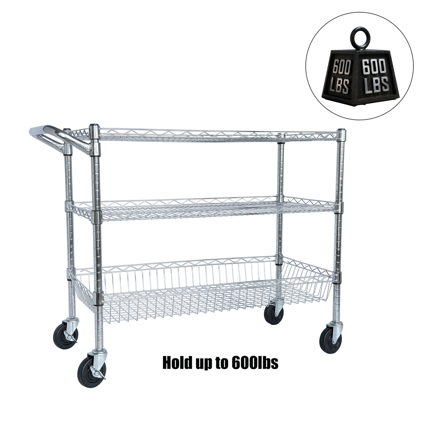 VIYET 32"H Heavy Duty 3 Tier Rolling Utility Cart, 600LBS Capacity Chrome Cart with Handle, Shelf Liners & Locking Wheels