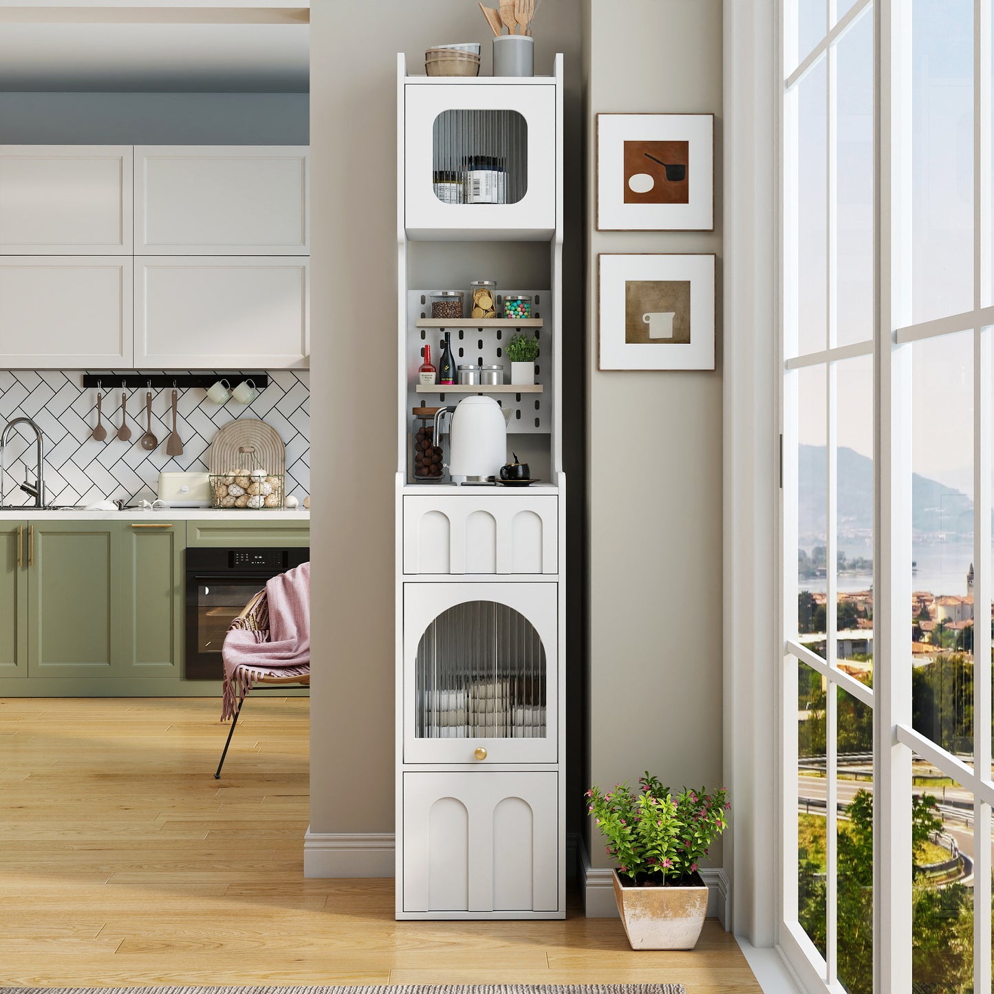 VIYET 71" Tall Narrow Storage Cabinet - White Particle Board+MDF, 1 Door & 2 Drawers, Kitchen Use