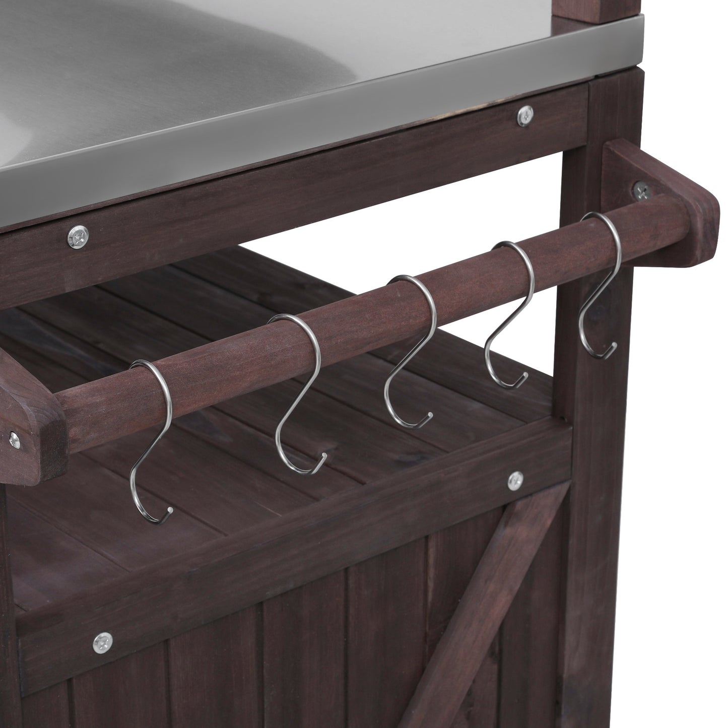 VIYET 43" K&K Outdoor Kitchen Island, Brown Solid Wood Grill Cart w/ Stainless Steel Top (Raised Shelf+Adjustable Storage Rack)