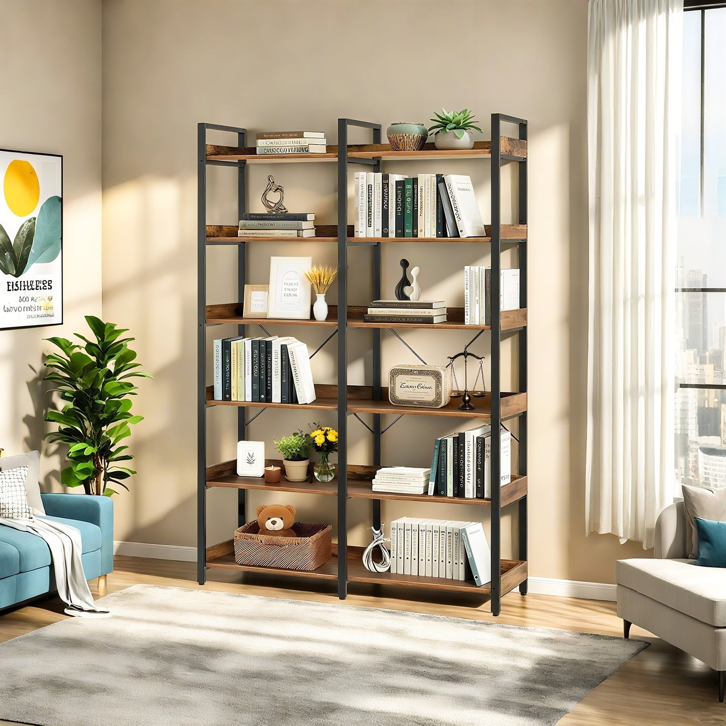 VIYET 69" 6-Tier Industrial Bookshelf, Brown MDF+Metal Frame Open Shelf Bookcase (Freestanding Storage & Display for Home/Office)
