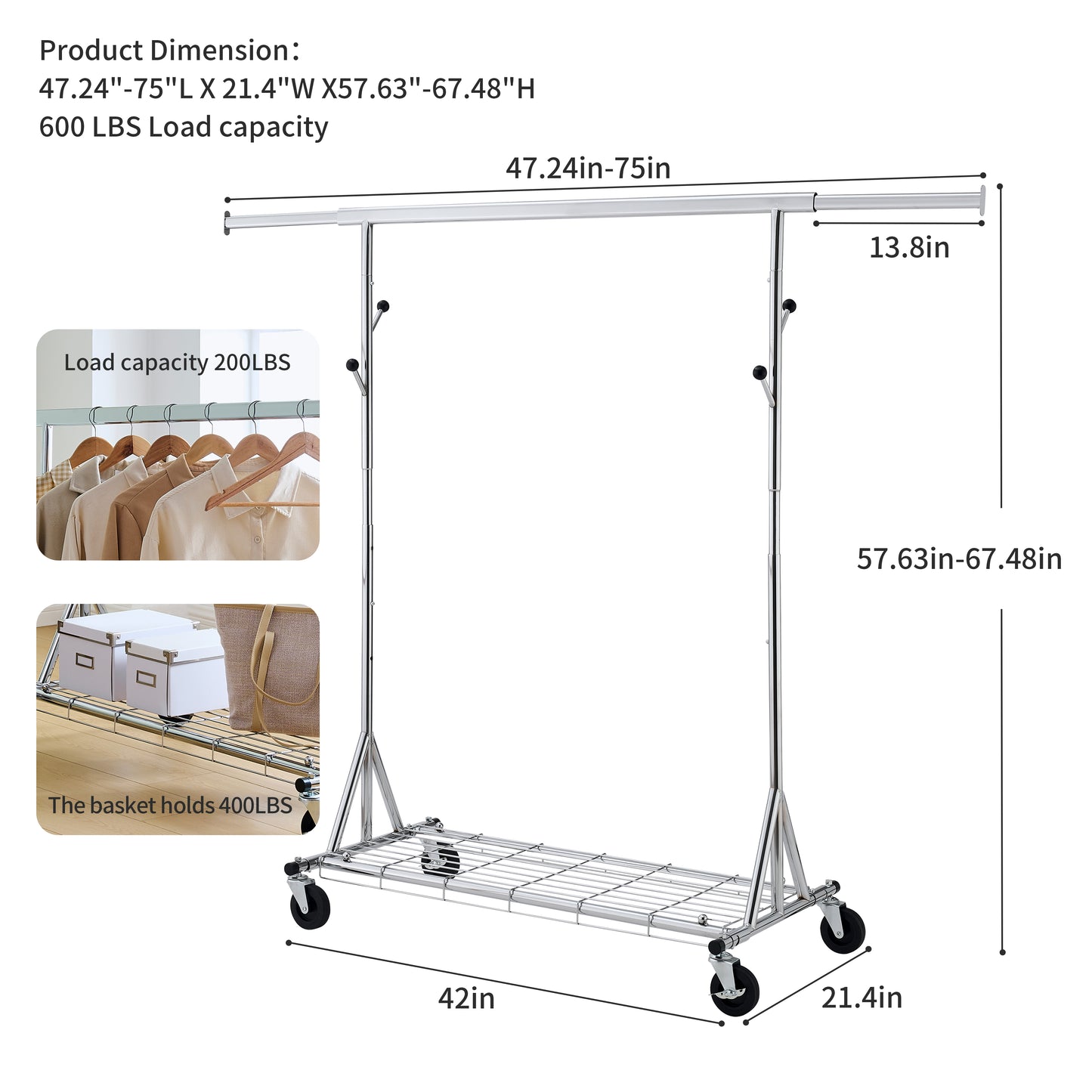 VIYET 68" 600LBS Heavy-Duty Rolling Clothes Rack, Collapsible Iron Commercial Garment Rack (Portable Hanger for Bedroom)