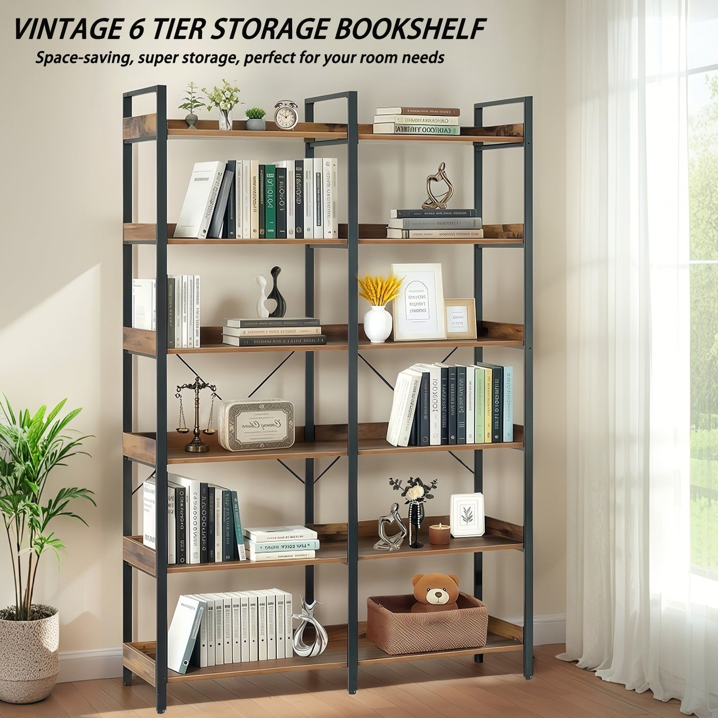 VIYET 69" 6-Tier Industrial Bookshelf, Brown MDF+Metal Frame Open Shelf Bookcase (Freestanding Storage & Display for Home/Office)