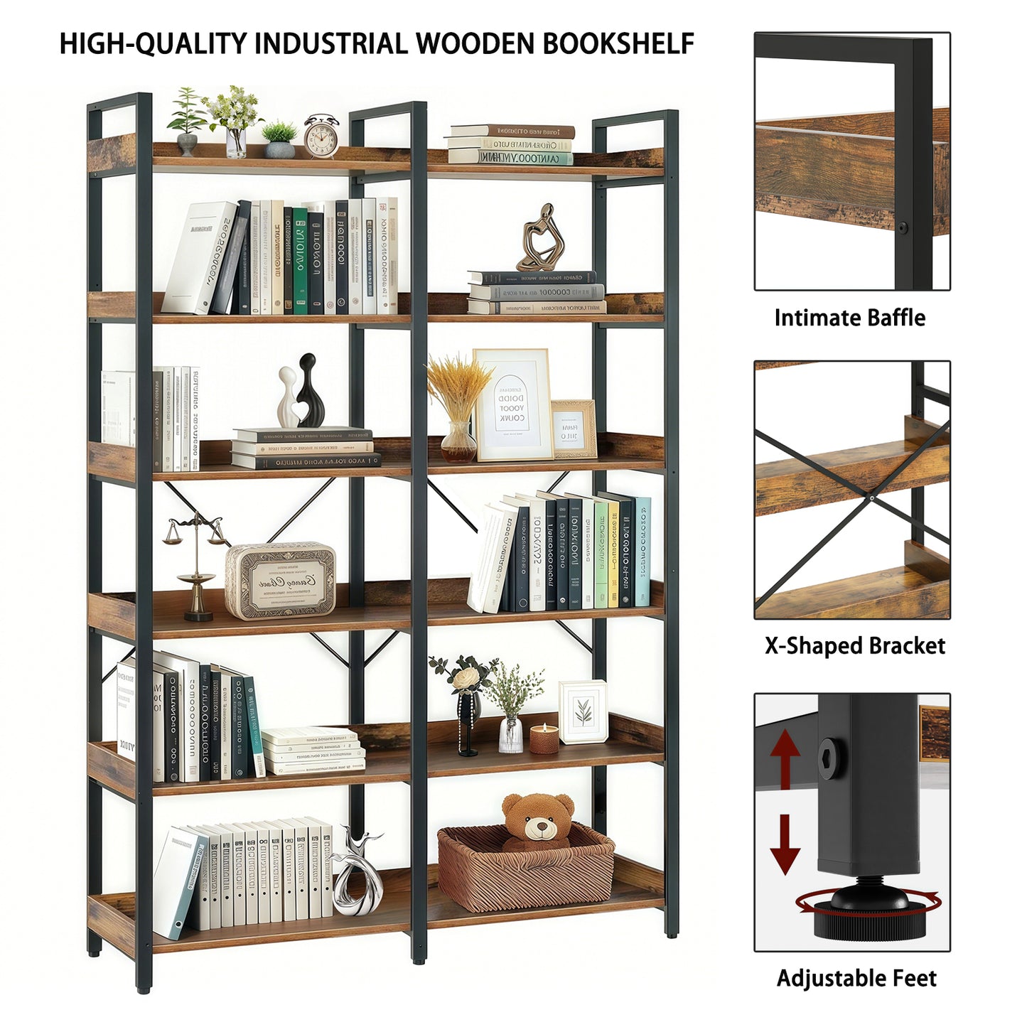 VIYET 69" 6-Tier Industrial Bookshelf, Brown MDF+Metal Frame Open Shelf Bookcase (Freestanding Storage & Display for Home/Office)