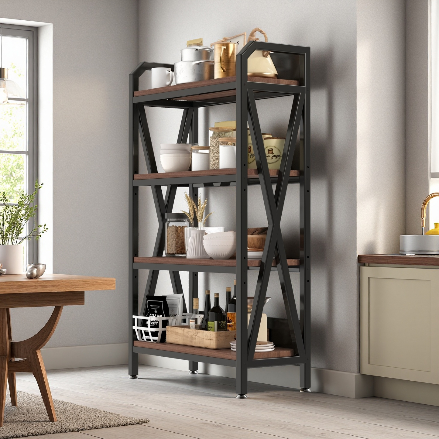 VIYET 56.3"H 4-Level Bakers Rack, Metal & Wooden Kitchen Storage Shelf (Adjustable Multi-Scene Organizer for Garage/Pantry/Bathroom)