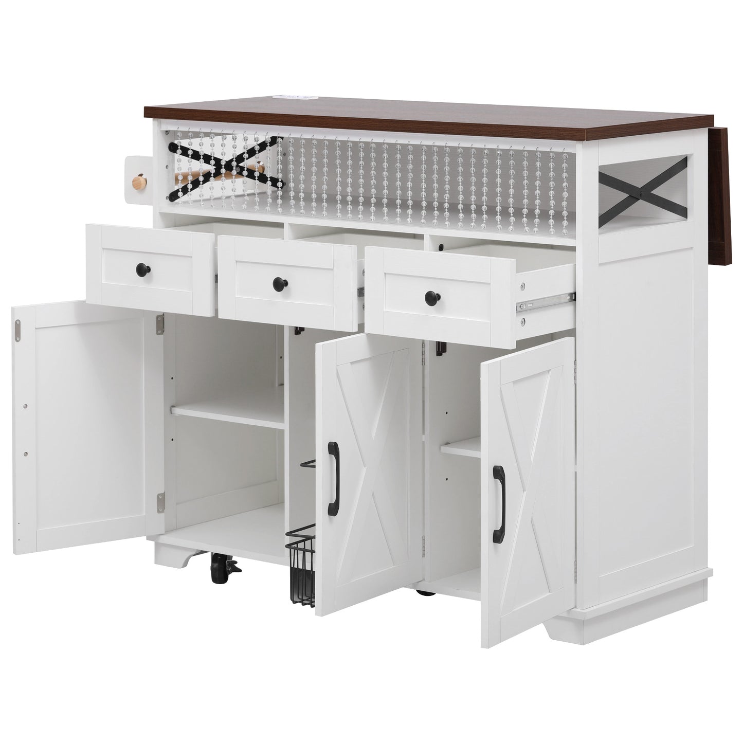 VIYET 39" K&K Farmhouse Rolling Kitchen Island, White MDF Cart w/ Bead Drape, Power Outlet & Drop Leaf (3 Doors+3 Drawers+Internal Iron Shelf)