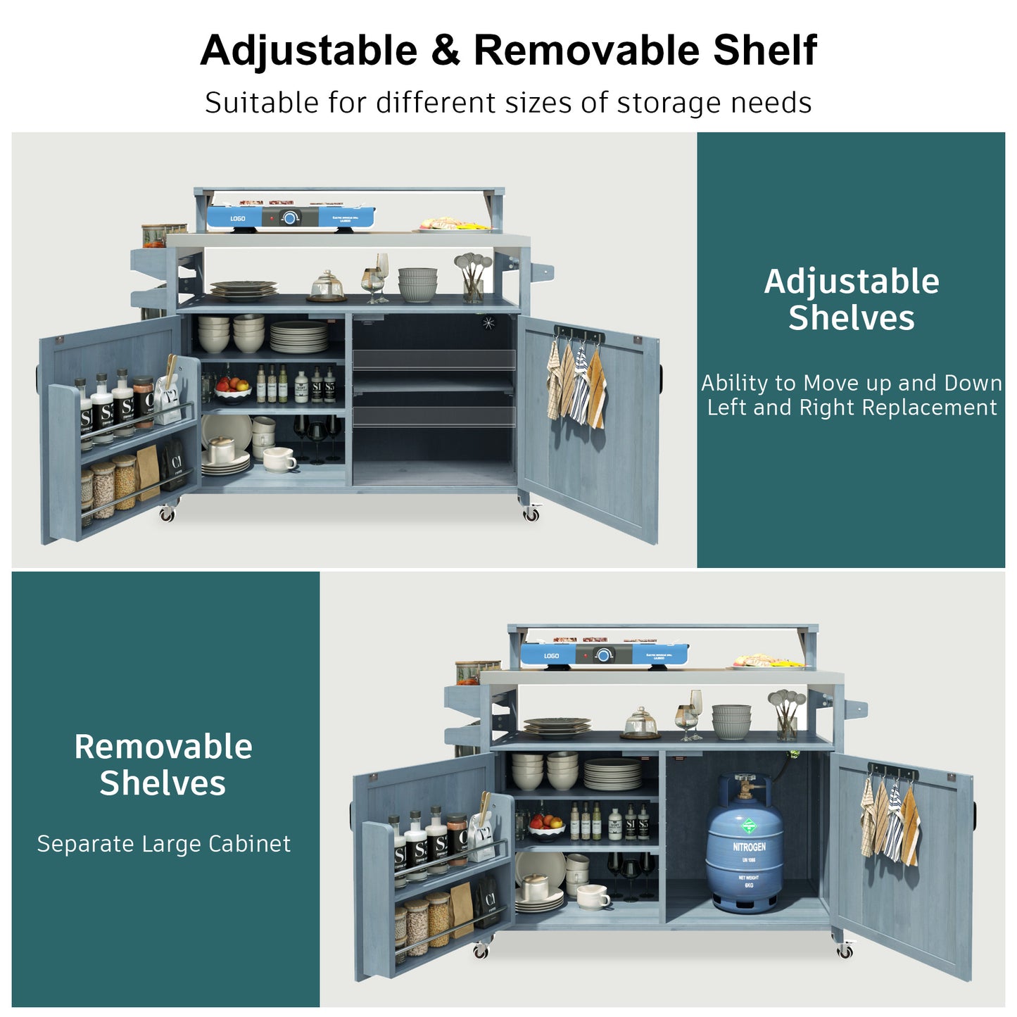 VIYET 43" K&K Outdoor Kitchen Island, Grey-Blue Solid Wood Grill Cart w/ Stainless Steel Top (Raised Shelf+Adjustable Storage Rack)