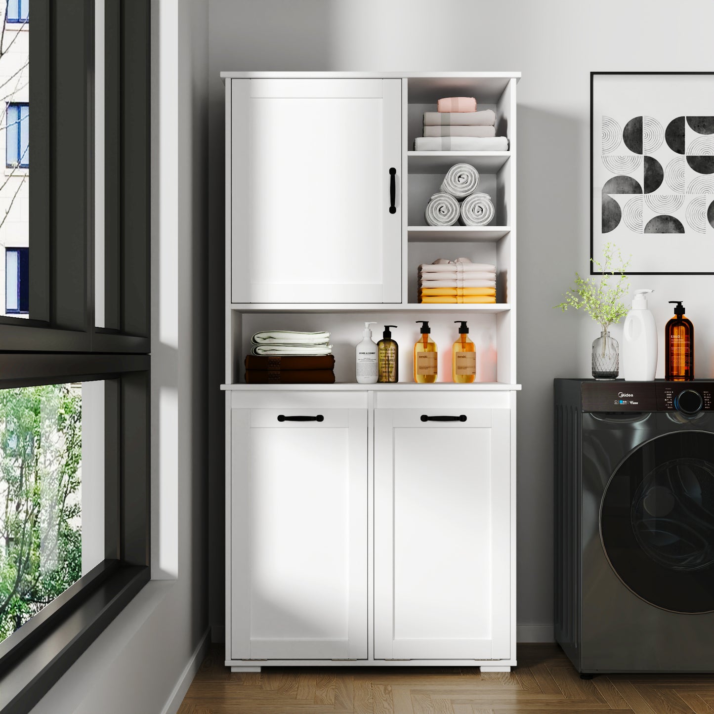 VIYET 63" White Freestanding Laundry Cabinet-Particle Board+MDF, Tilt-Out Hamper, Adjustable Shelves & Multiple Storage