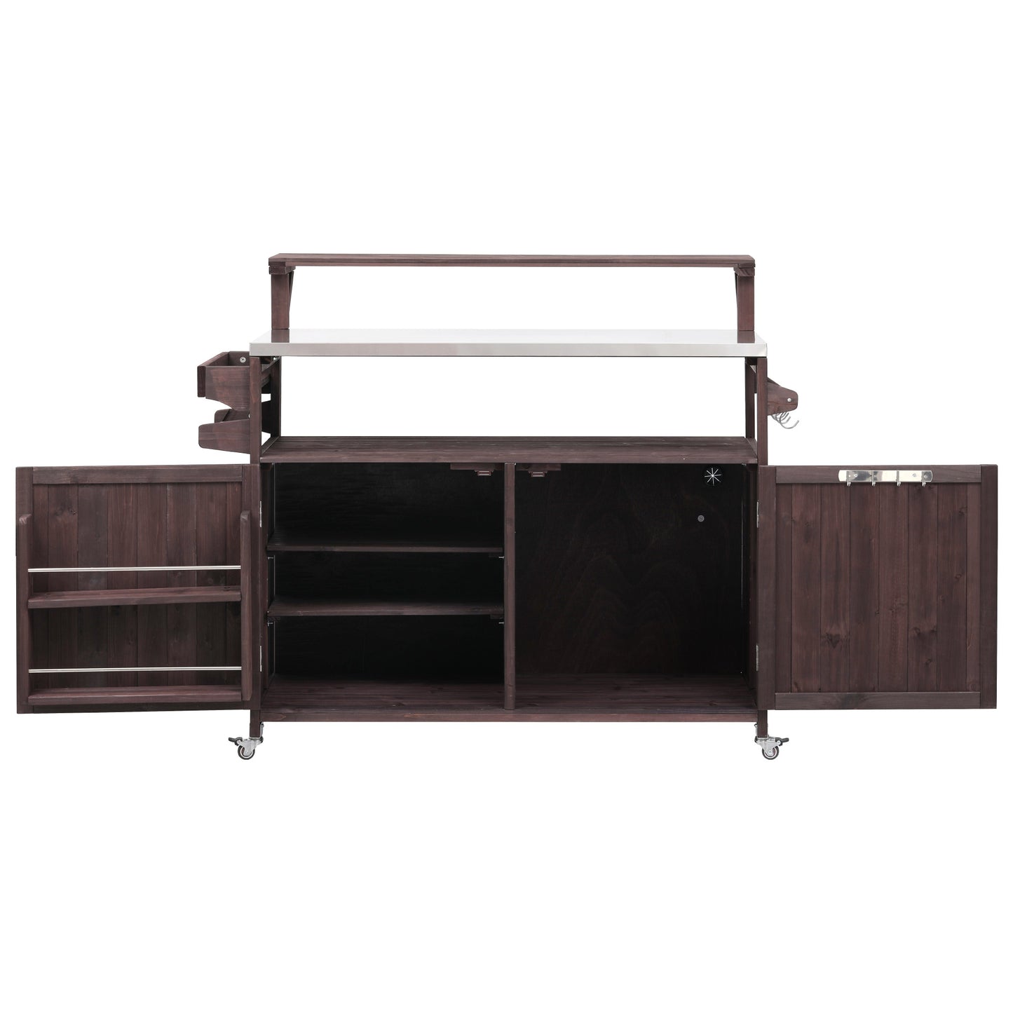 VIYET 43" K&K Outdoor Kitchen Island, Brown Solid Wood Grill Cart w/ Stainless Steel Top (Raised Shelf+Adjustable Storage Rack)