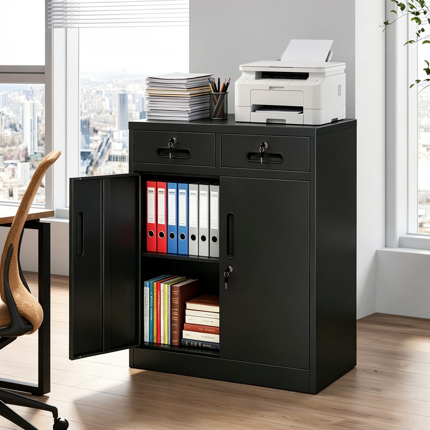 VIYET 35" Metal Storage Cabinet with Lock & 2 Drawers, Locking Steel Office File Cabinet with Adjustable Shelf for Home, Garage & School