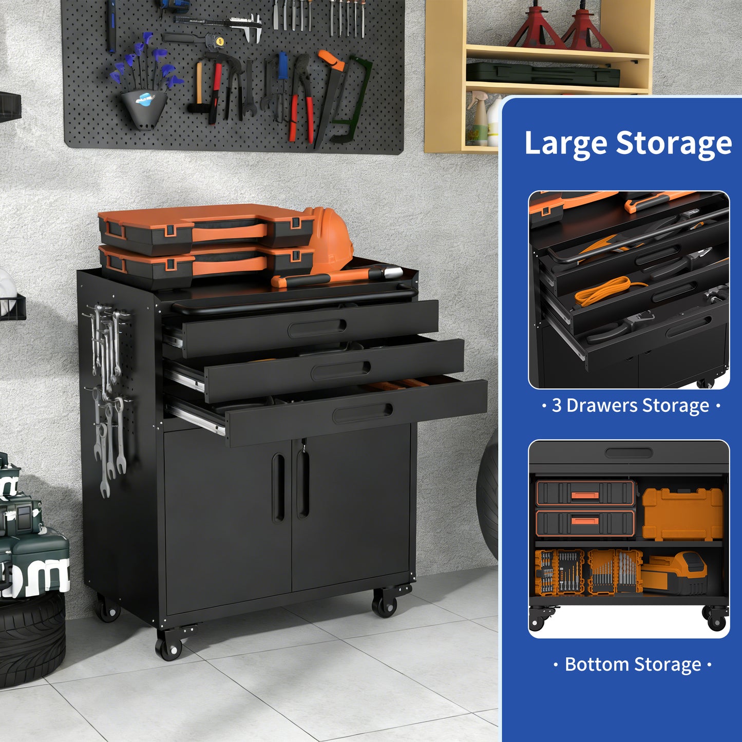 VIYET 34" Heavy-Duty Rolling Metal Tool Cabinet - 3-Drawer Garage Storage Organizer with Lockable Wheels, Black
