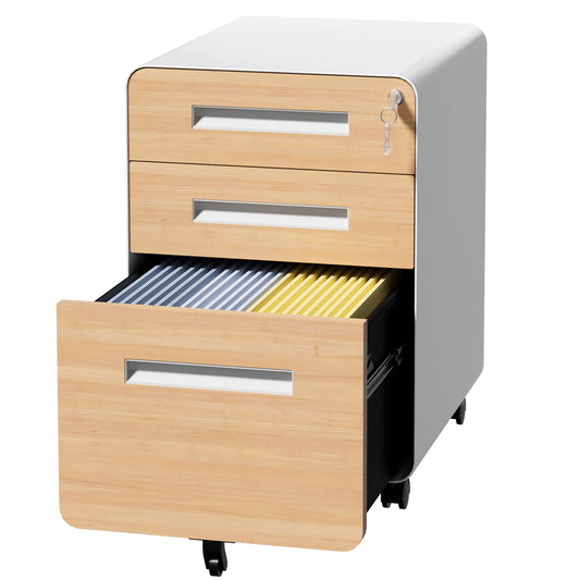VIYET 3 Drawer Mobile File Cabinet with Lock, Wood Grain Metal Rolling Filing Cabinet on Wheels, Steel Office Storage Cabinet