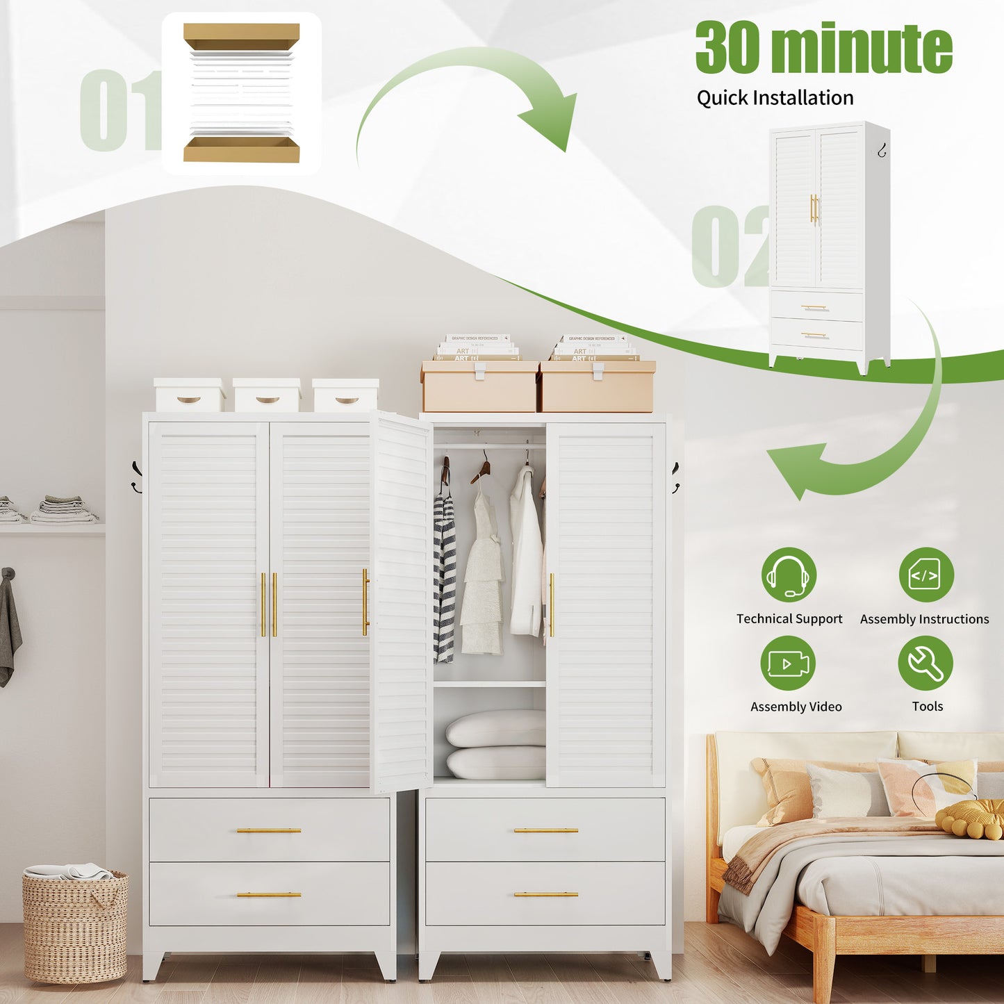 VIYET 71" Metal Wardrobe Closet with 2 Doors & 2 Drawers, Freestanding Steel Storage Cabinet with Hanging Rod & Adjustable Shelf