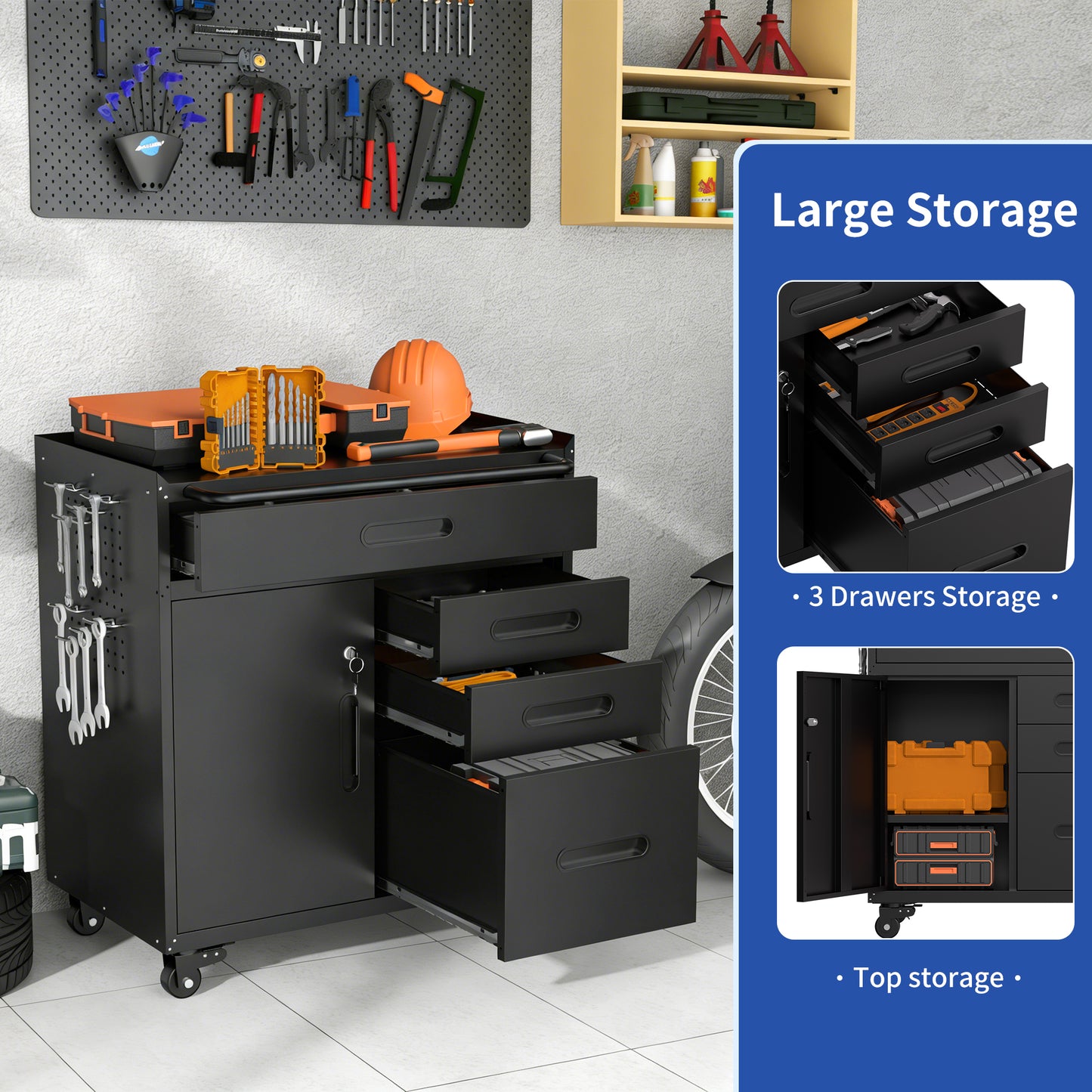 VIYET 34" 4-Drawer Mobile Tool Cabinet - Heavy-Duty Steel Garage Organizer with Lockable Storage Compartment & Rolling Workshop Chest, Black