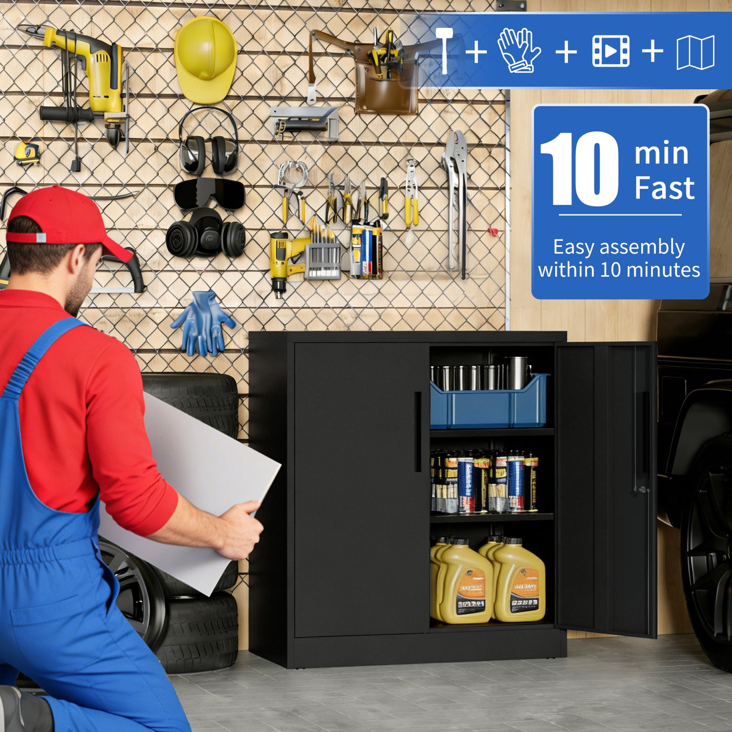 VIYET 35" 2-Door Metal Storage Cabinet,Heavy-Duty Lockable Steel Cabinet w/ 2 Adjustable Shelves (Home/Office/Garage Organizer)