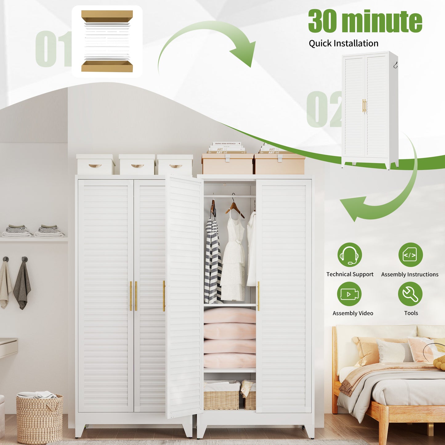 VIYET 71" Metal Wardrobe Closet with 2 Doors, Hanging Rod & Adjustable Shelves, Freestanding Steel Storage Cabinet for Bedroom, Apartment, Dorm