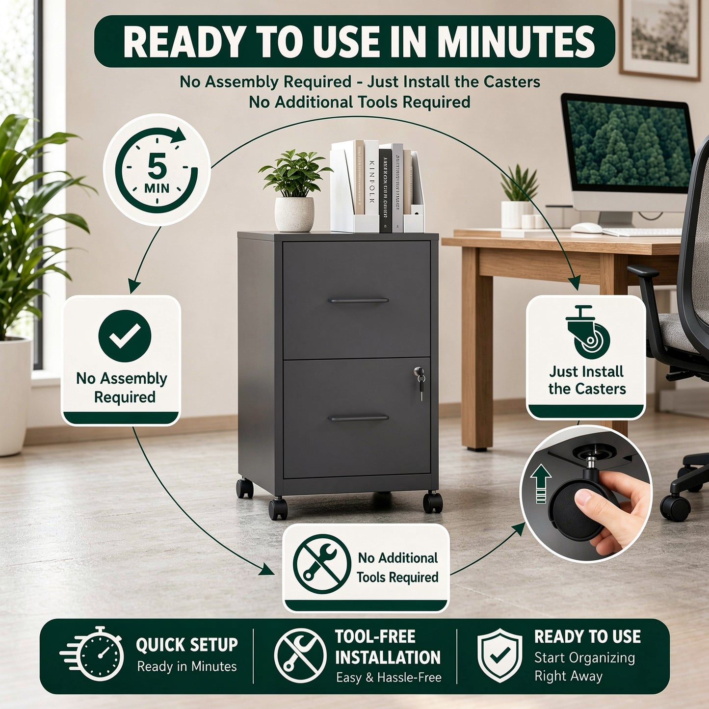 VIYET 2 Drawer Mobile File Cabinet with Lock, Rolling Metal Filing Cabinet for Letter & Legal Files, Under Desk Office Storage with Anti-Tip Kit, Black