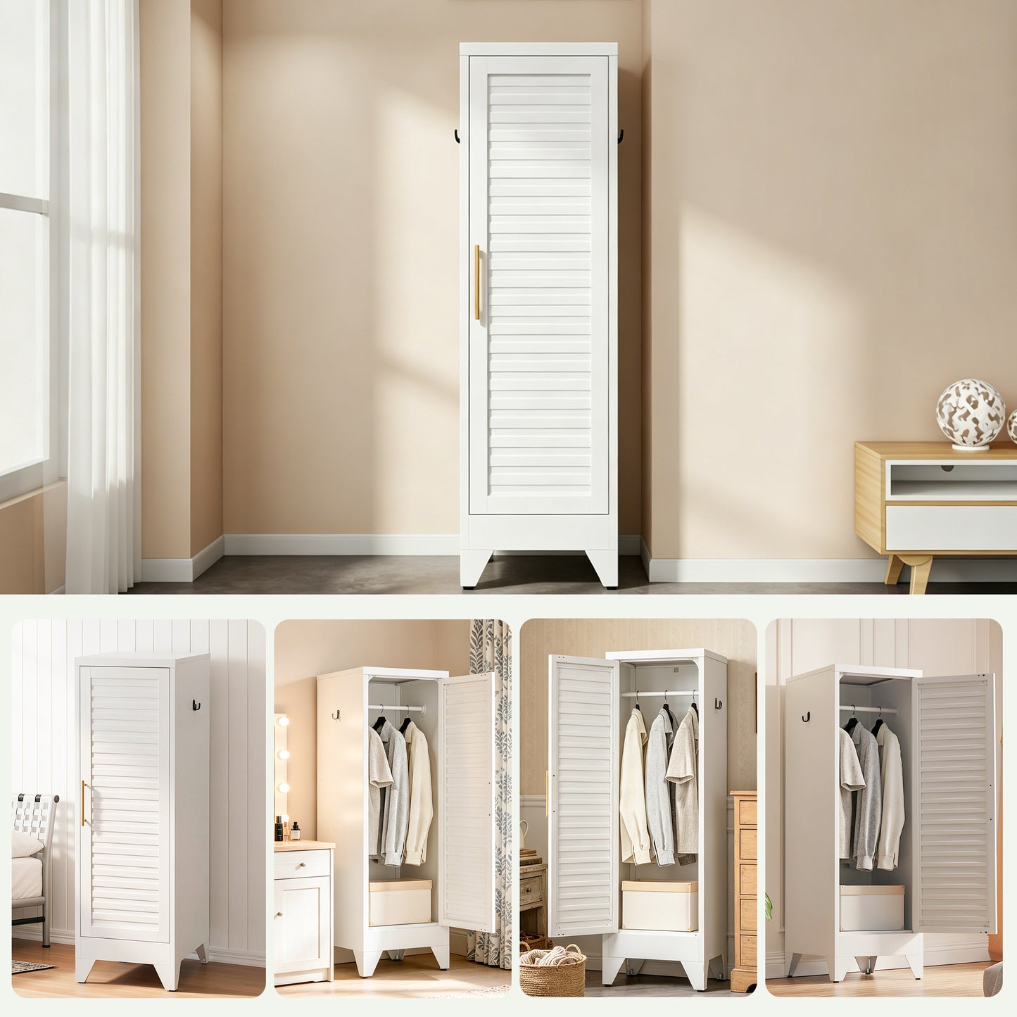 VIYET 47.2" Narrow Metal Wardrobe Closet, Slim Storage Cabinet with Louvered Door and Hanging Rail, Freestanding Clothes Organizer for Bedroom, Apartment, Dorm, White