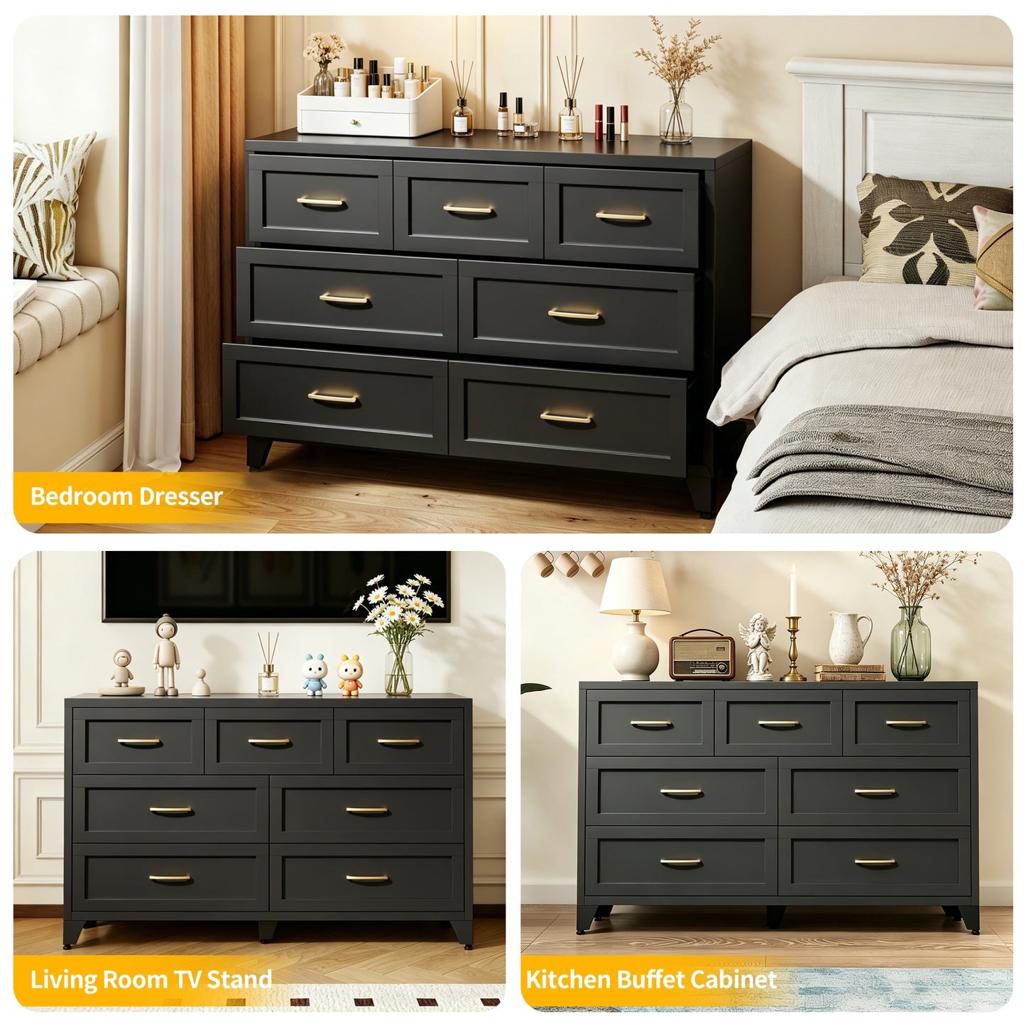 VIYET 7-Drawer Black Dresser, Wide Low-Profile Bedroom Storage Chest with Smooth-Glide Drawers