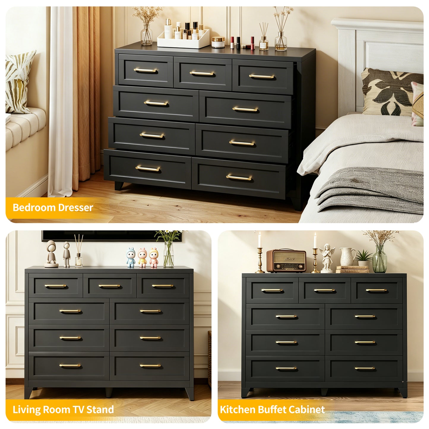 VIYET 9-Drawer Black Dresser for Bedroom, Tall Wide Chest of Drawers with Smooth-Glide Storage