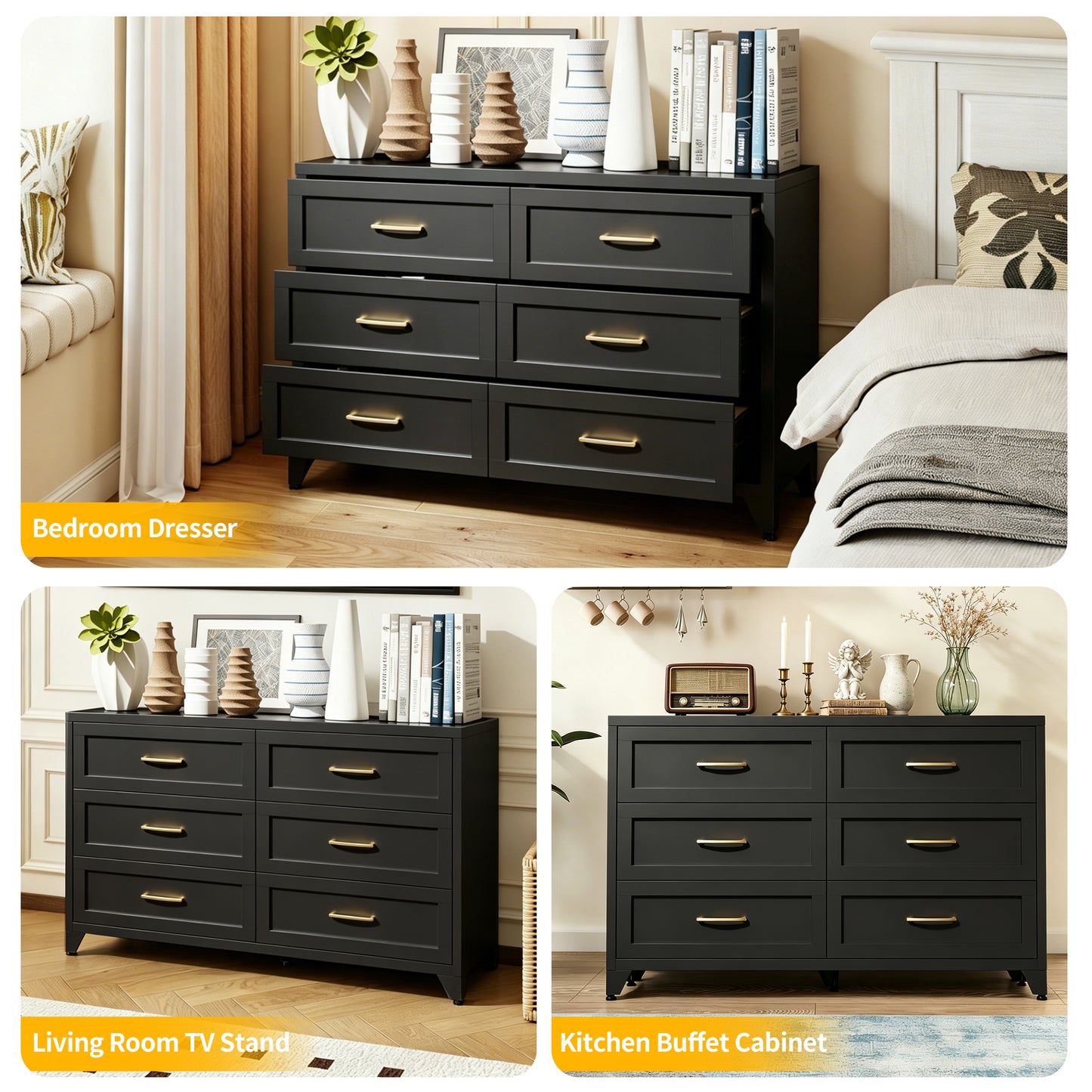 VIYET 6-Drawer Black Dresser for Bedroom, Low-Profile Chest of Drawers with Smooth-Glide Storage