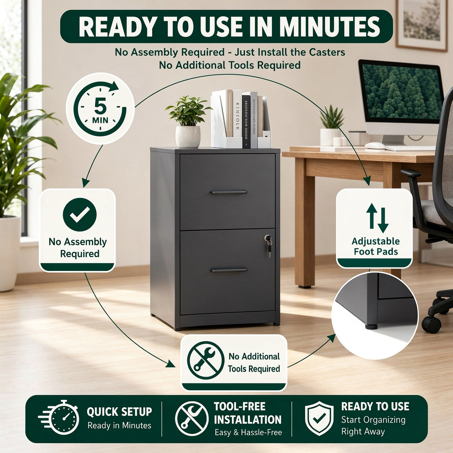 VIYET 2 Drawer Vertical File Cabinet with Lock, Metal Under Desk Filing Cabinet with Anti-Tip Kit, Adjustable Rails for Letter & Legal Files, Black Office Storage