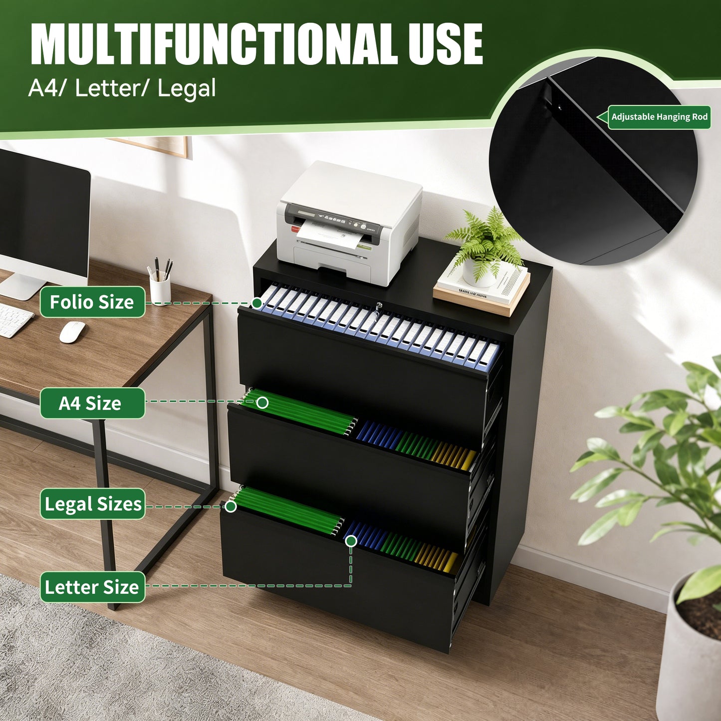 VIYET 3 Drawer Lateral File Cabinet with Lock, Metal Filing Cabinet for Home Office, Steel File Organizer Fits Letter, Legal, A4 & F4 Hanging Files