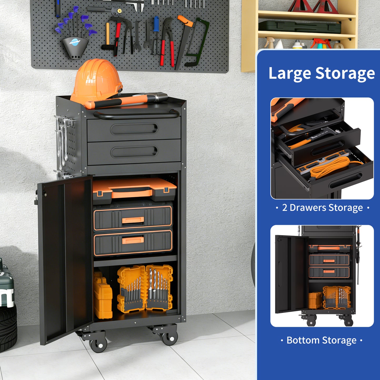 VIYET 34" Narrow Rolling Tool Cabinet - Slim 2-Drawer Space-Saving Storage with Lockable Door, Black