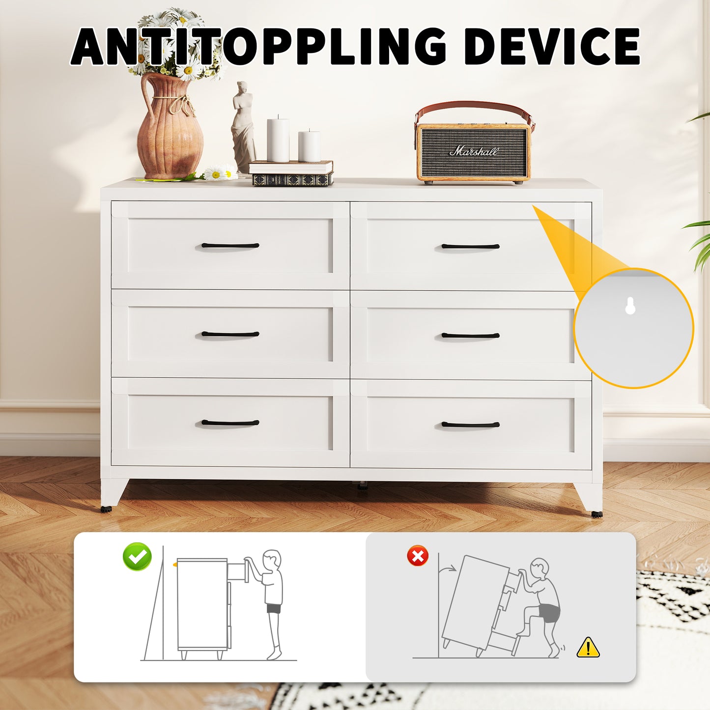 VIYET 6-Drawer White Dresser for Bedroom, Modern Metal Storage Chest with Smooth-Glide Drawers for Closet, Hallway & Entryway