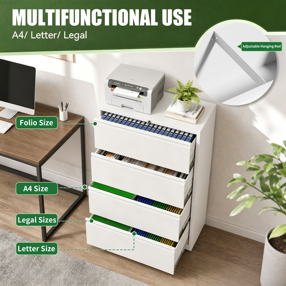 VIYET 4 Drawer Lateral File Cabinet, Metal Filing Cabinet with Lock, Wide Steel Office Storage for Letter, Legal, A4 & F4 Files