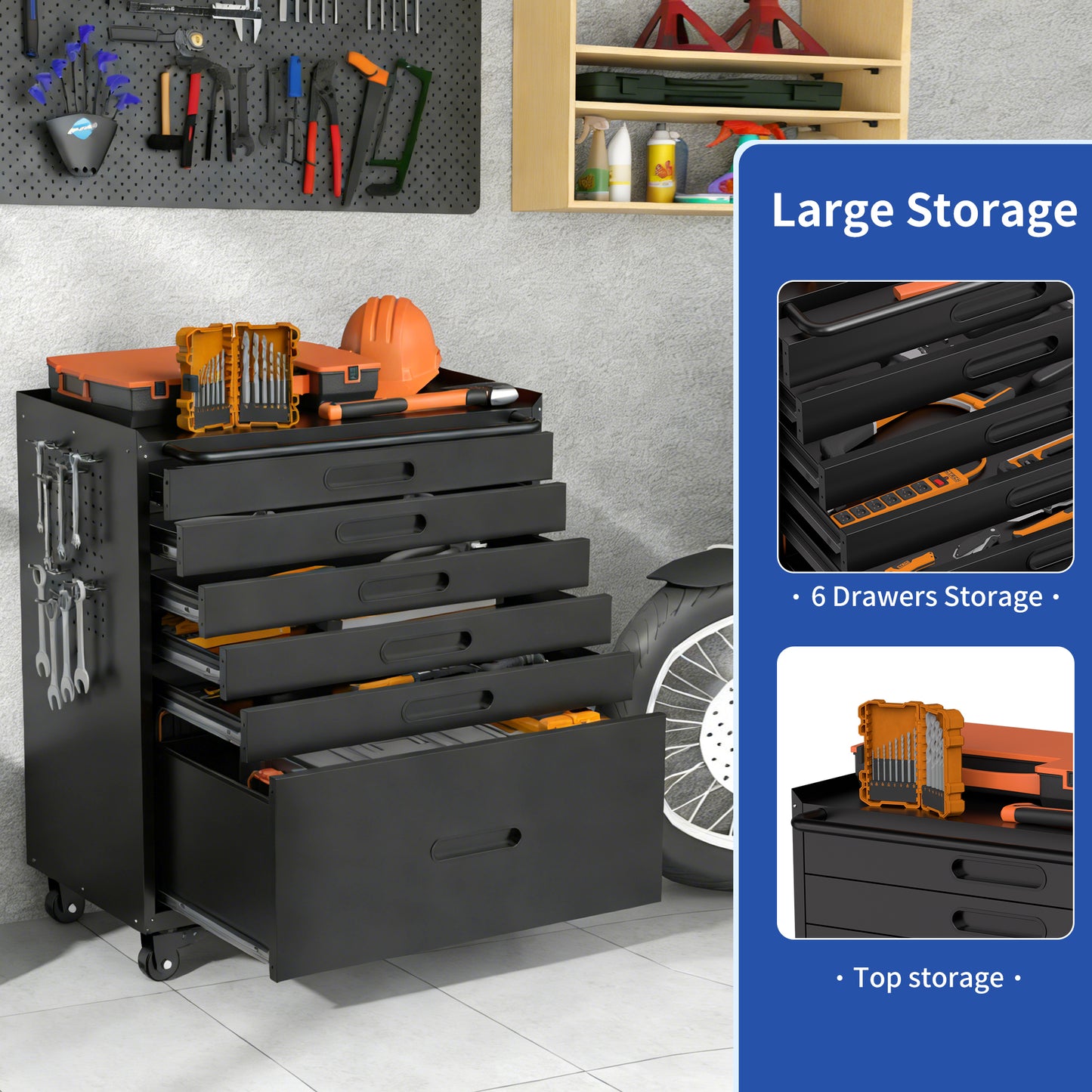 VIYET 34" 6-Drawer Rolling Tool Chest - Heavy-Duty Steel Mobile Garage Cabinet & Small Parts Storage Organizer, Black
