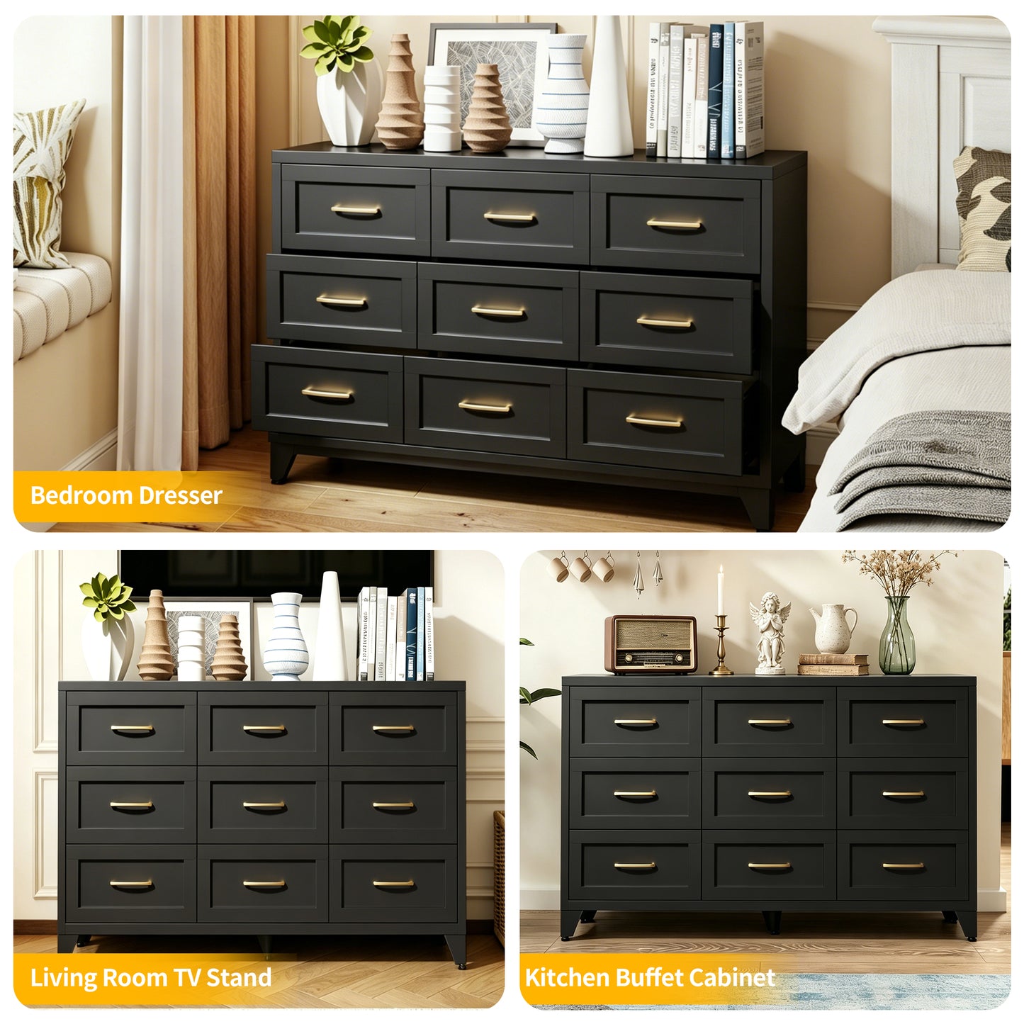 VIYET 9-Drawer Black Dresser for Bedroom, 52" Wide Low-Profile Chest of Drawers with Smooth-Glide Storage